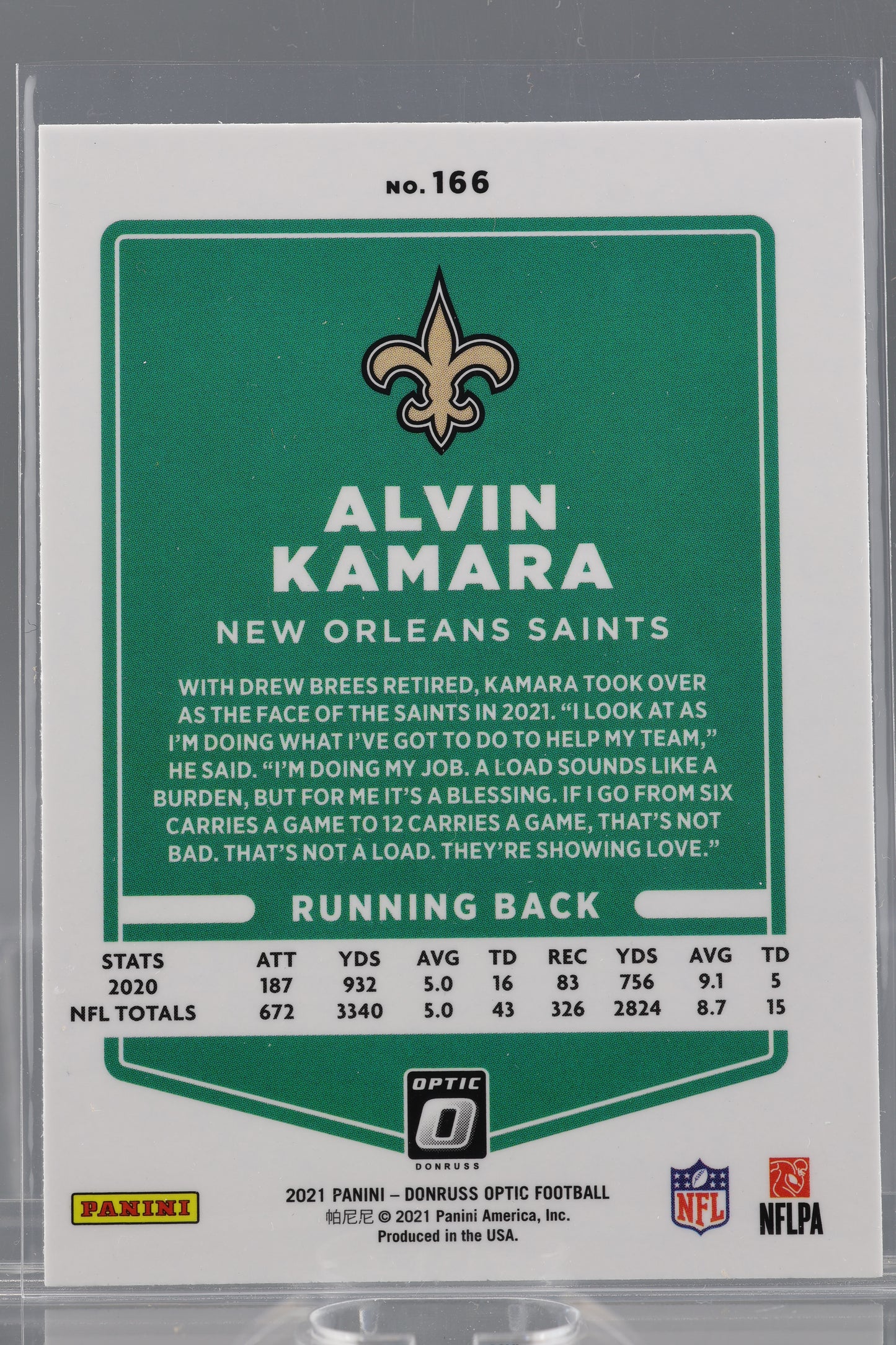 Alvin Kamara 2021 Donruss Optic #166 New Orleans Saints