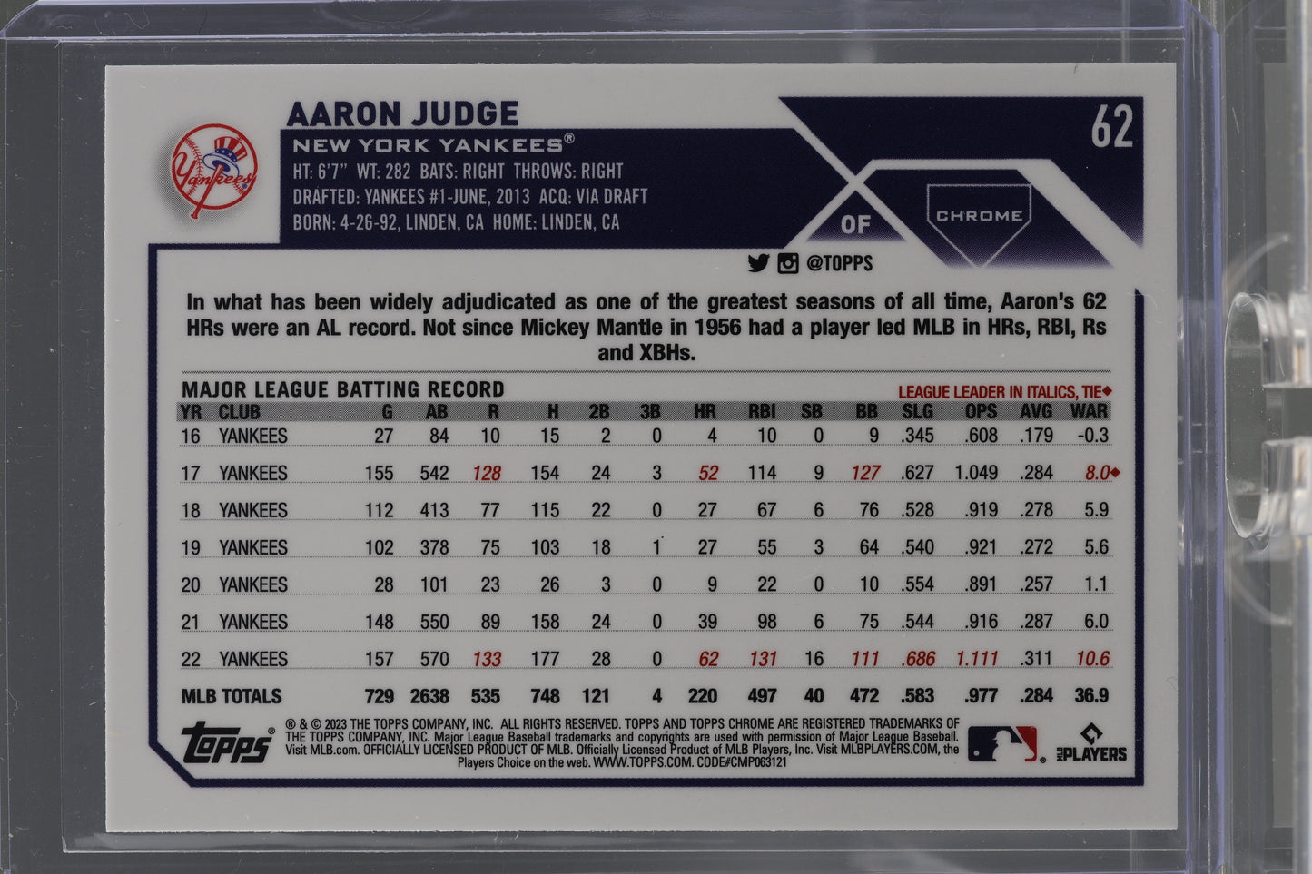 Aaron Judge 2023 Topps Chrome #62 New York Yankees