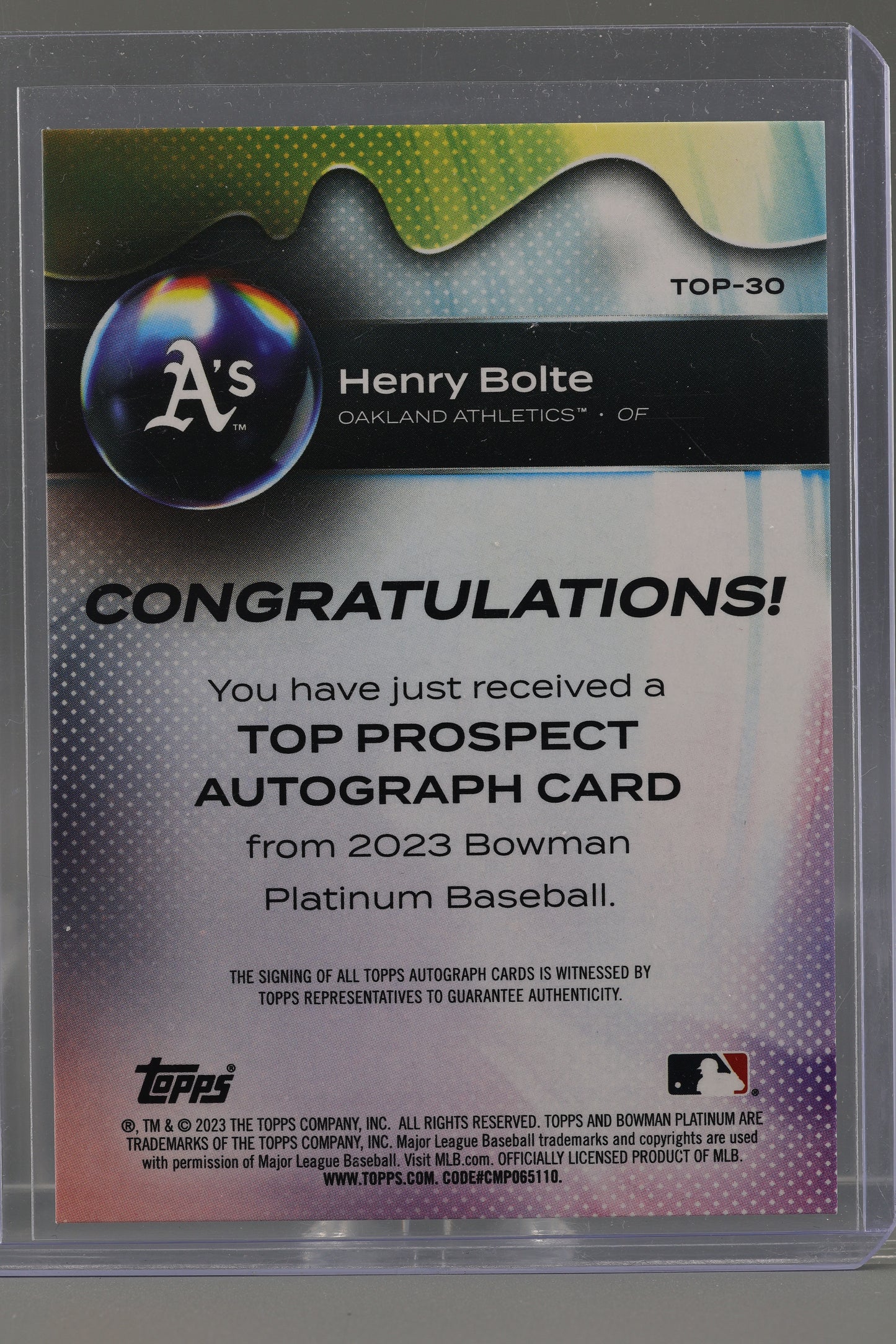 Henry Bolte 2023 Bowman Platinum Top Prospects Autographs #TOP-30 Oakland Athletics