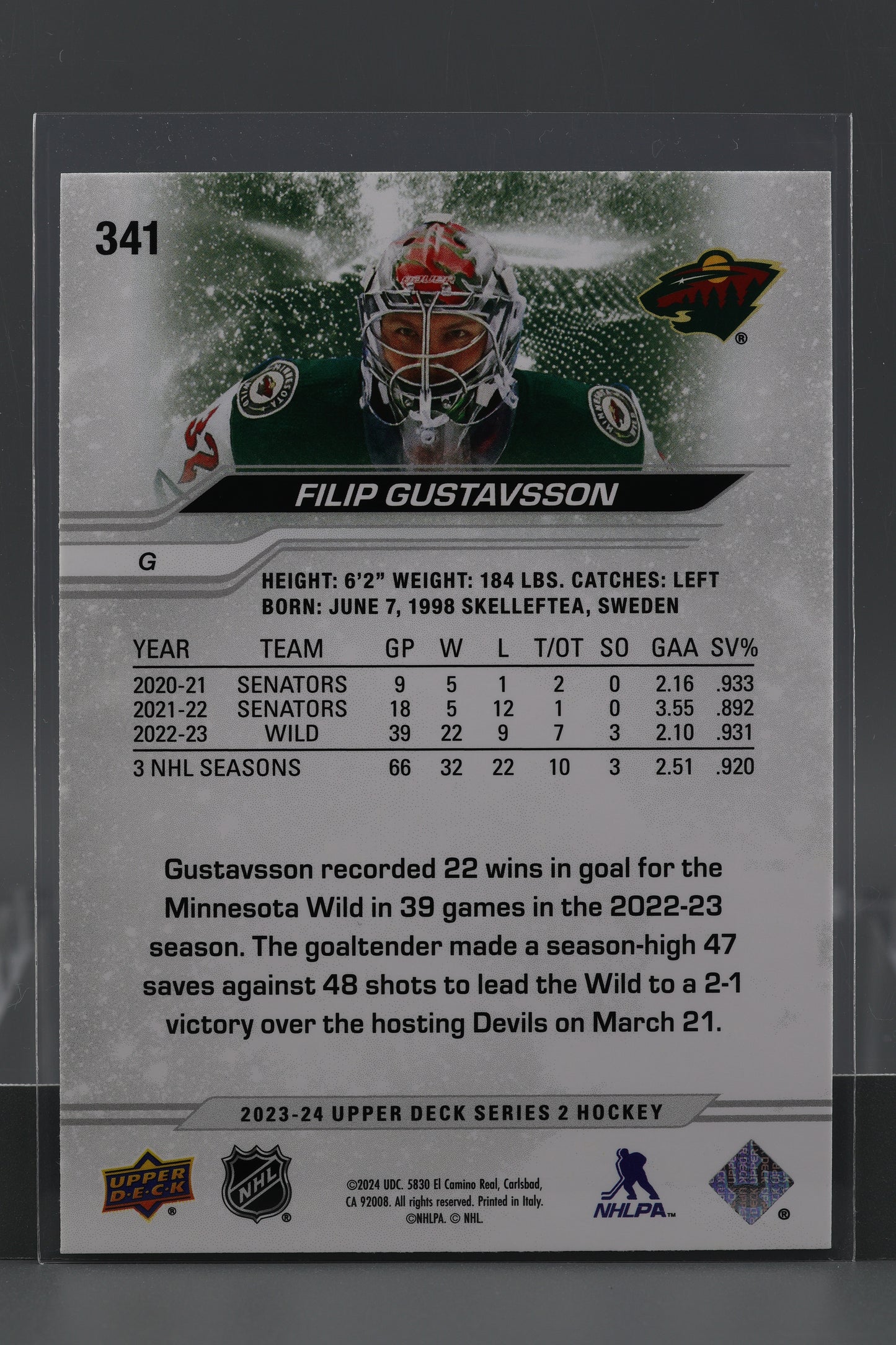 Filip Gustavsson 2023 Upper Deck Series Two #341 Minnesota Wild