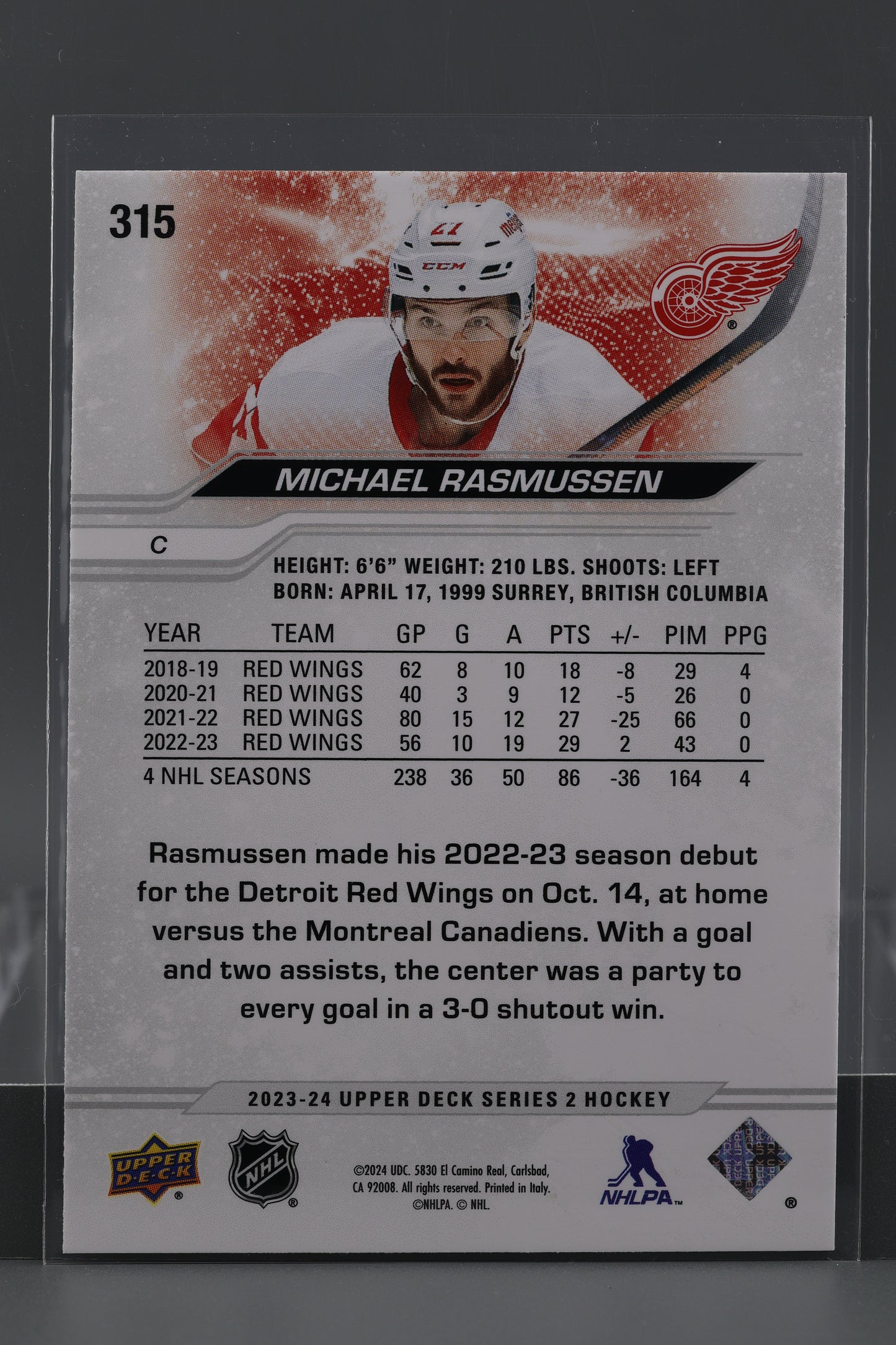 Michael Rasmussen 2023 Upper Deck Series Two #315 Detroit Red Wings
