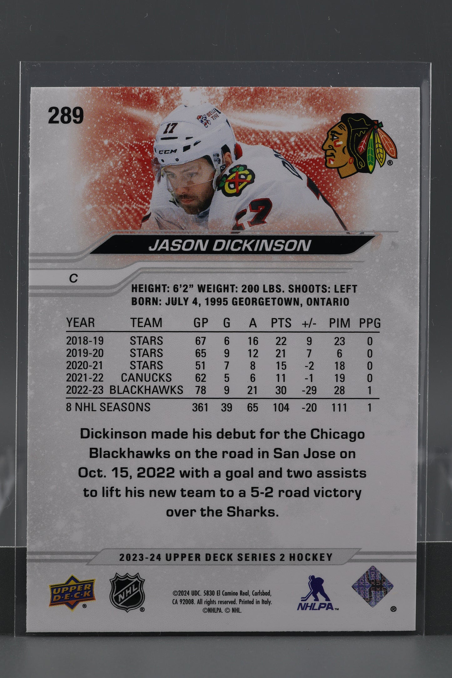 Jason Dickinson 2023 Upper Deck Series Two #289 Chicago Blackhawks
