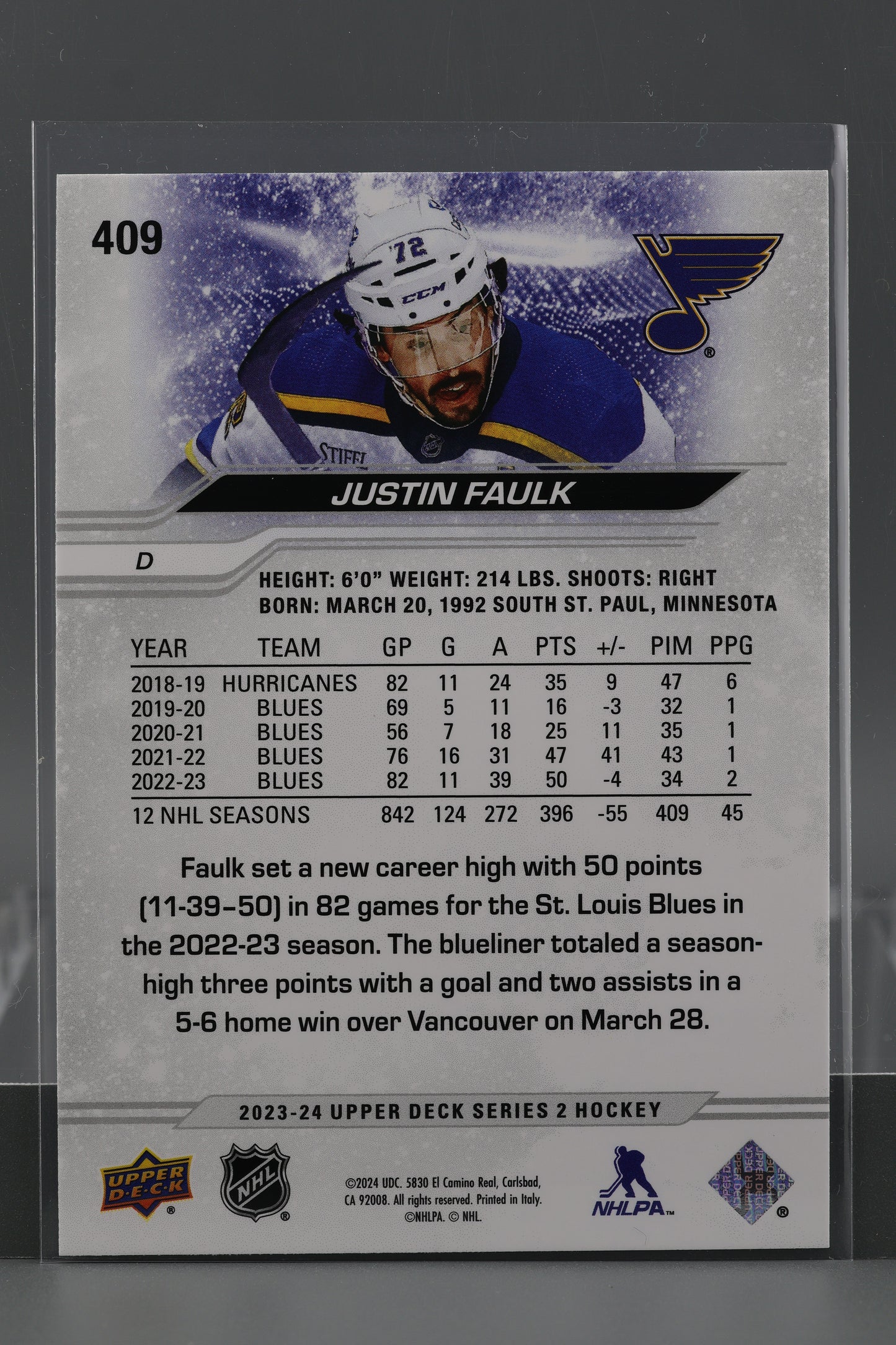 Justin Faulk 2023 Upper Deck Series Two #409 St. Louis Blues