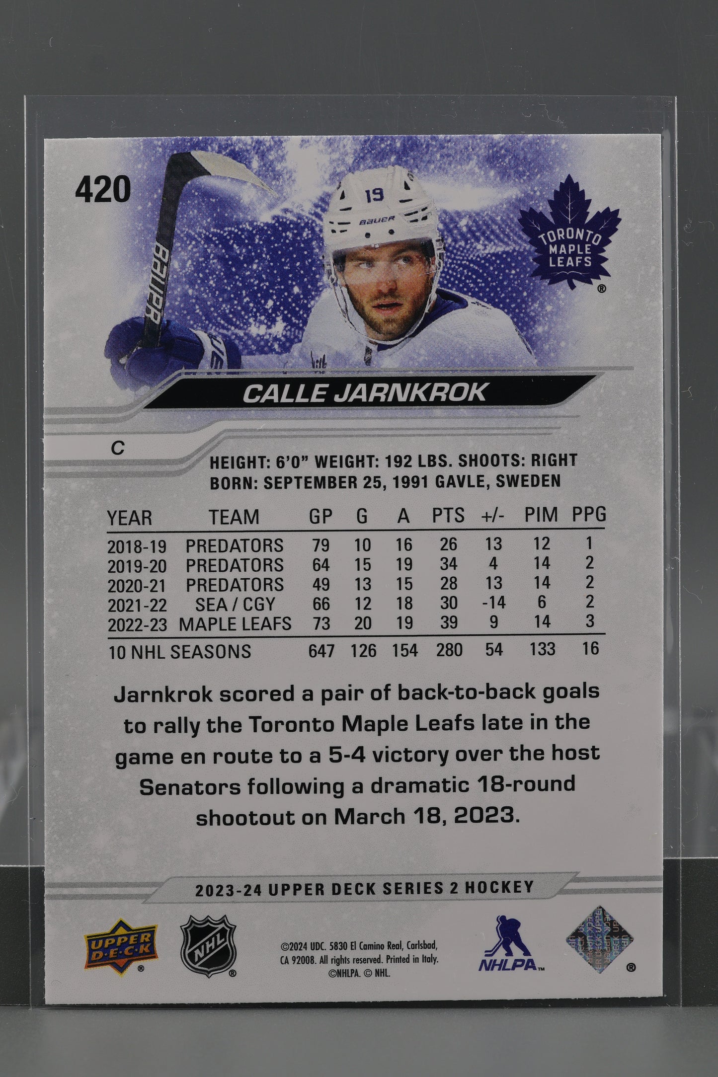 Calle Jarnkrok 2023 Upper Deck Series Two #420 Toronto Maple Leafs