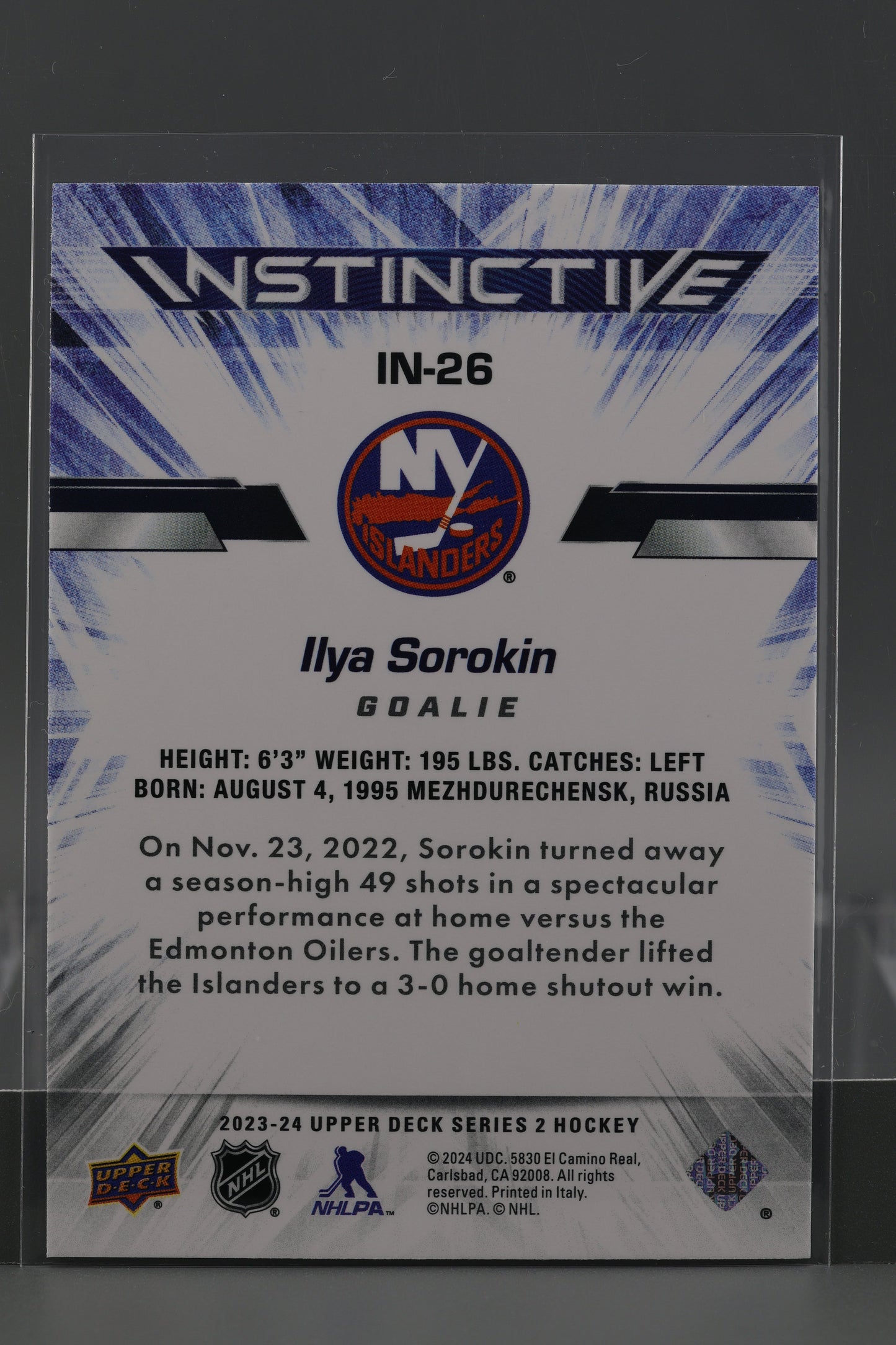 Ilya Sorokin 2023 Upper Deck Instinctive Series Two #IN-26 Sparkle New York Islanders
