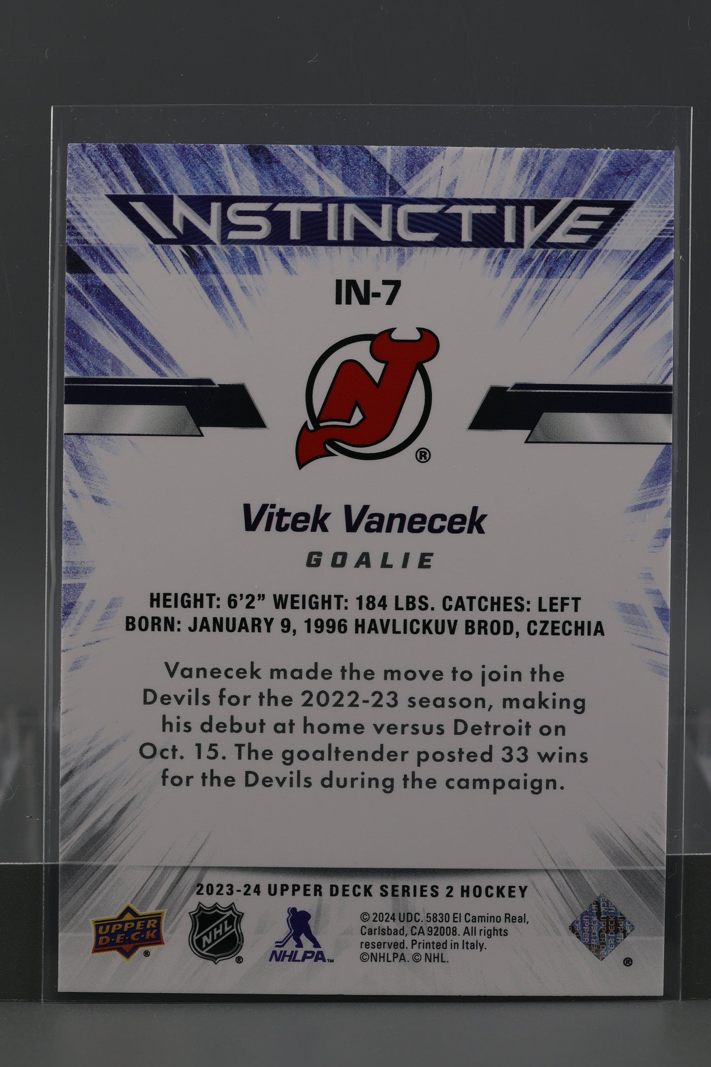 Vitek Vanecek 2023 Upper Deck Instinctive Series Two #IN-7 New Jersey Devils