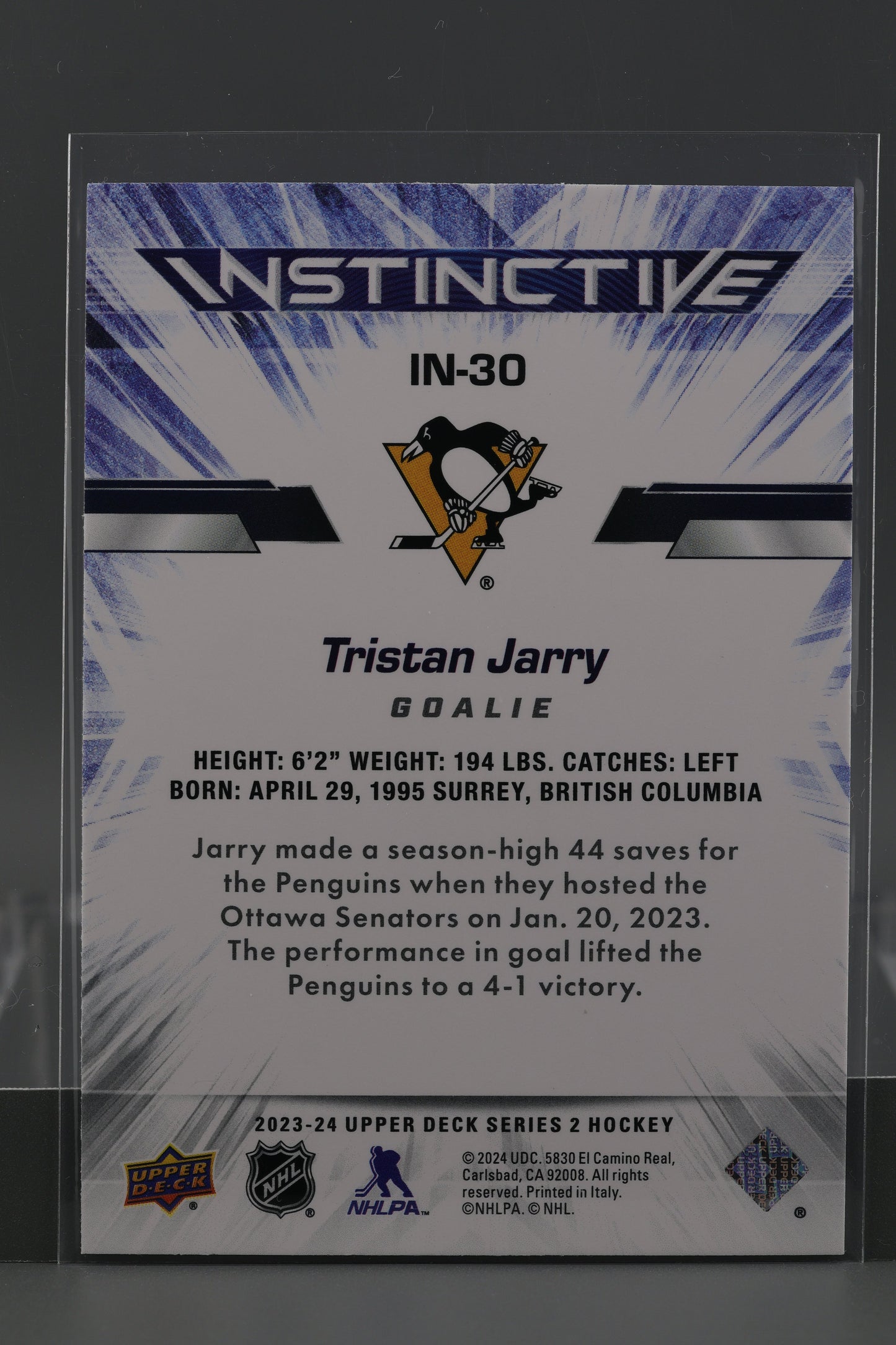 Tristan Jarry 2023 Upper Deck Instinctive Series Two #IN-30 Pittsburgh Penguins