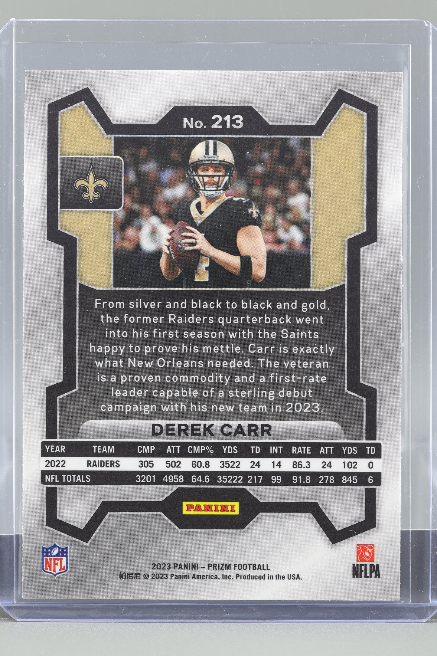 Derek Carr 2023 Panini Prizm #213 New Orleans Saints