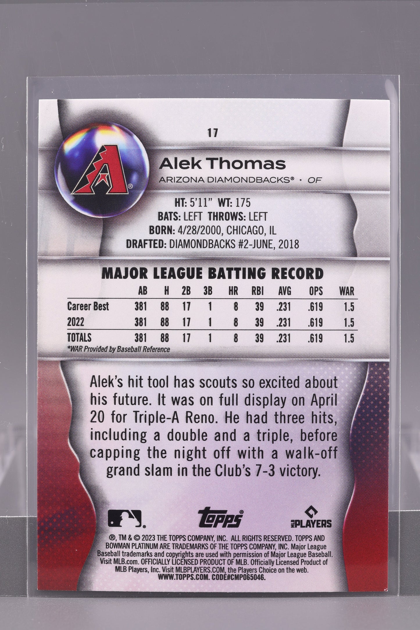 Alek Thomas 2023 Bowman Platinum #17 Arizona Diamondbacks