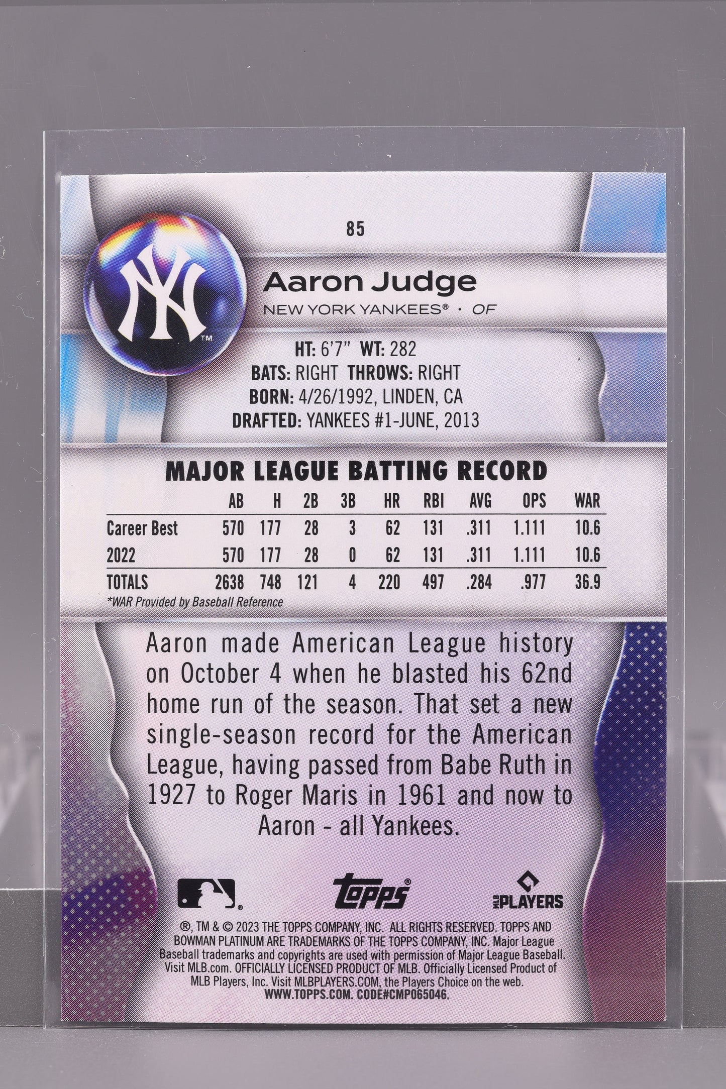 Aaron Judge 2023 Bowman Platinum #85 New York Yankees