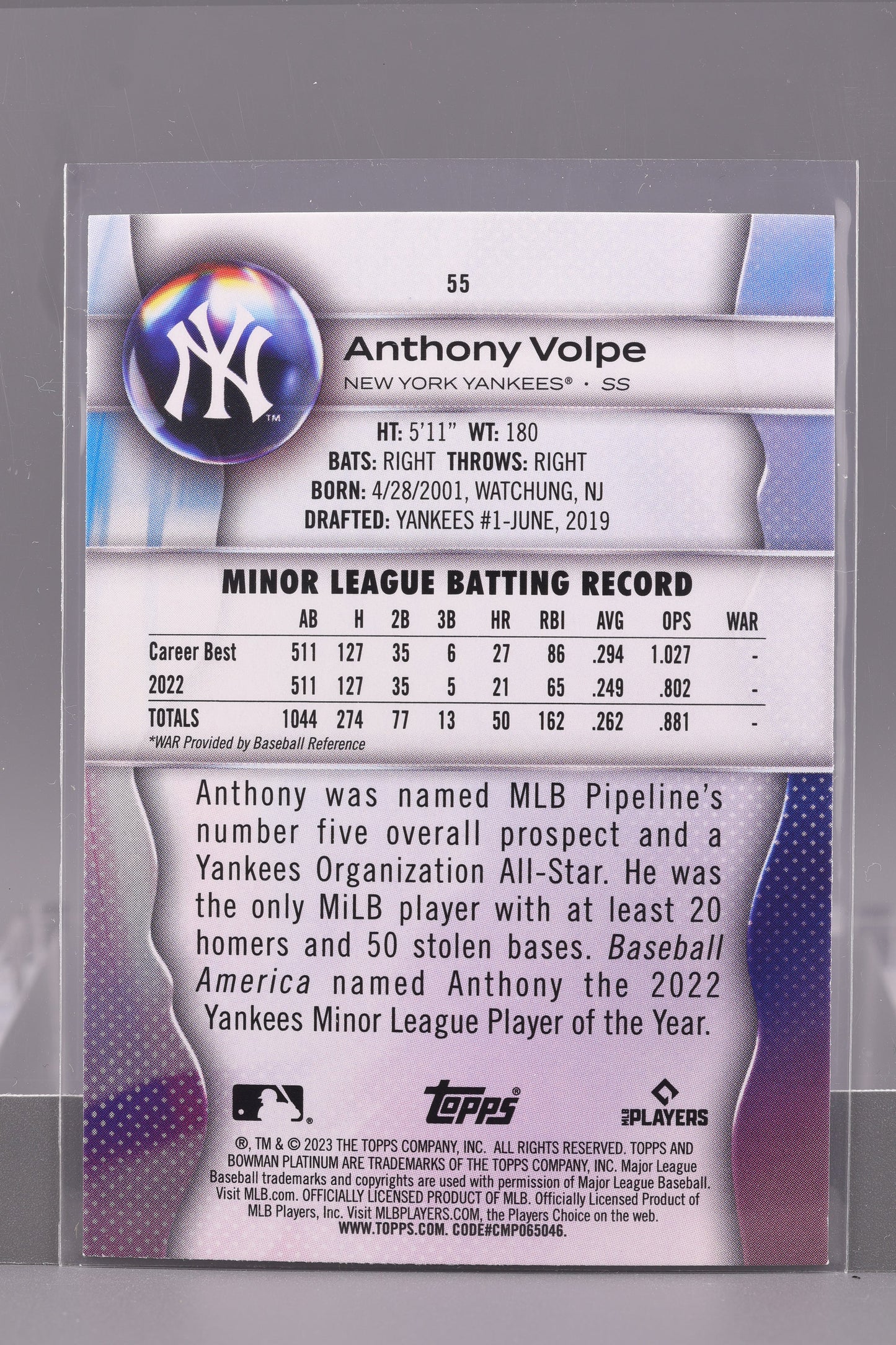 Anthony Volpe 2023 Bowman Platinum #55 New York Yankees