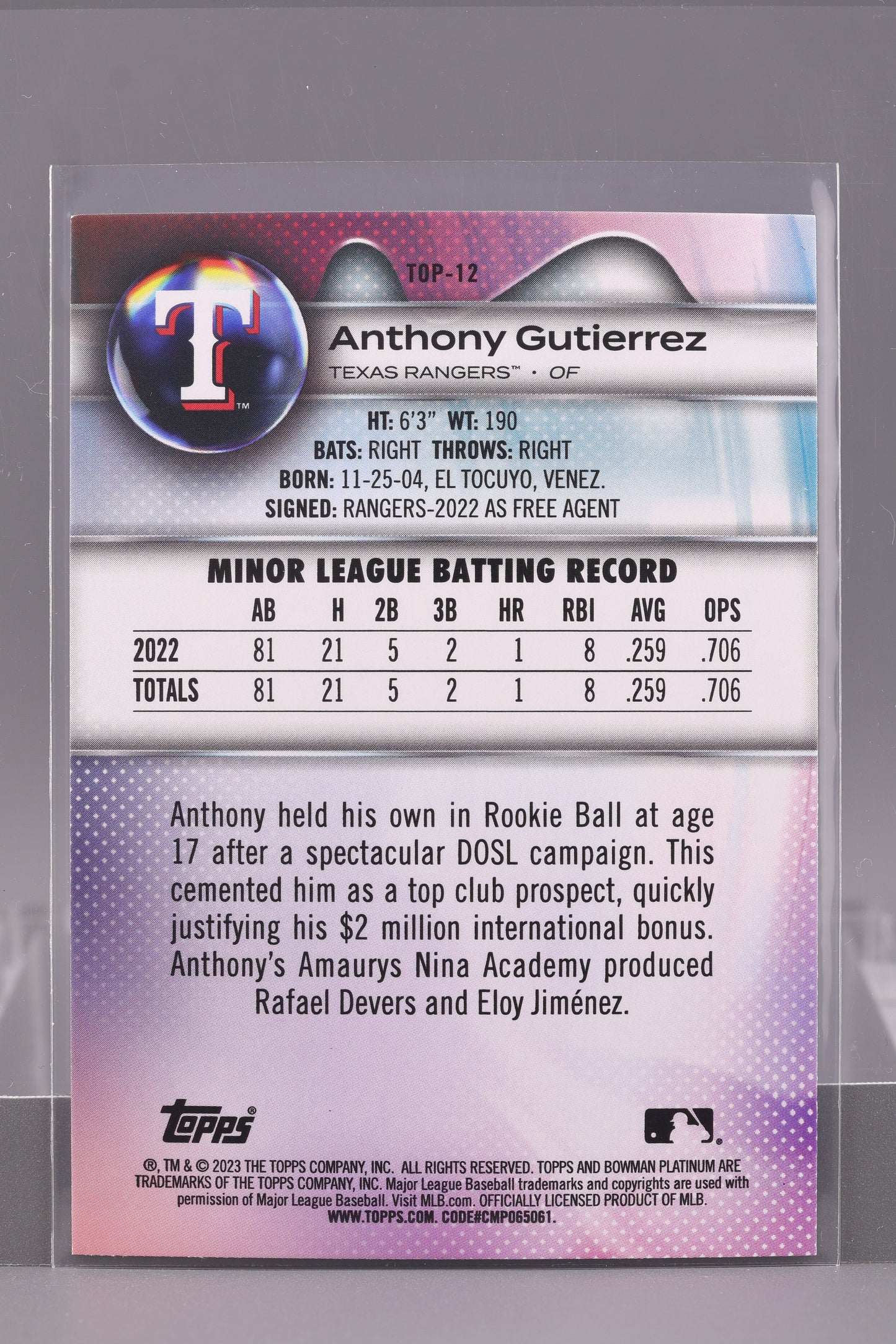 Anthony Gutierrez 2023 Bowman Platinum Top Prospects #TOP-12 Texas Rangers