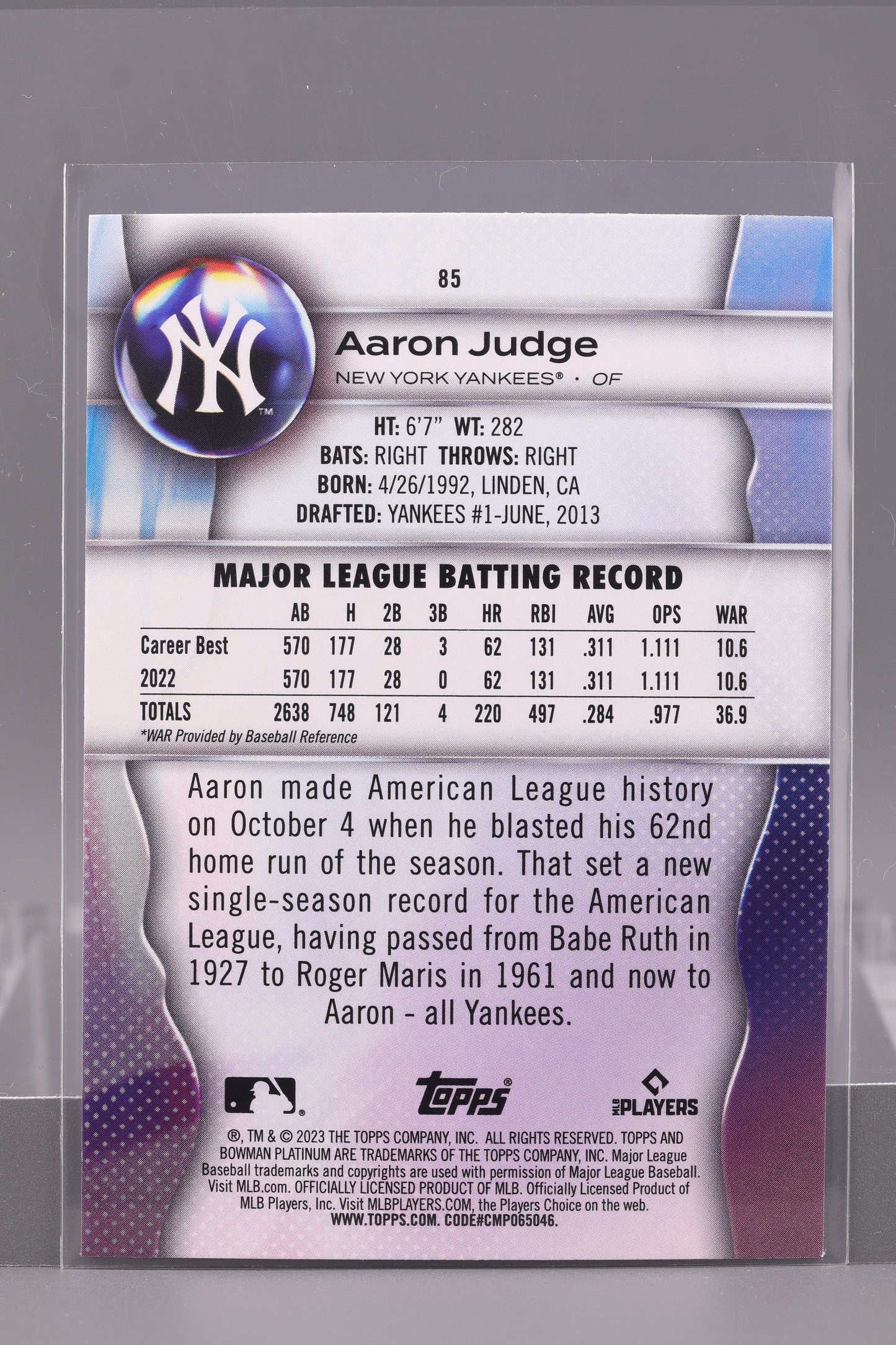 Aaron Judge 2023 Bowman Platinum #85 New York Yankees