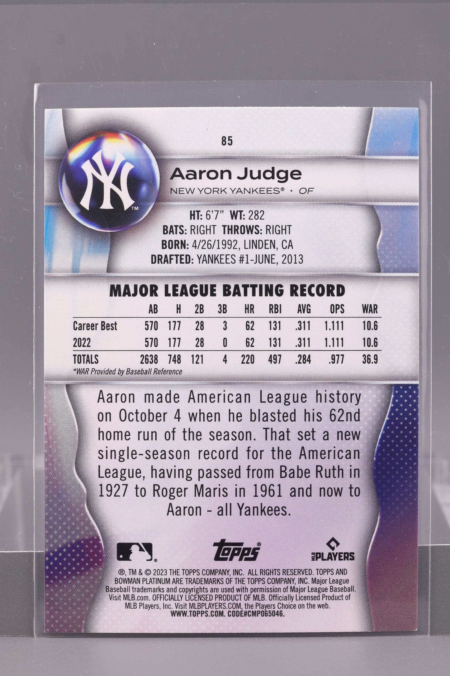Aaron Judge 2023 Bowman Platinum #85 New York Yankees