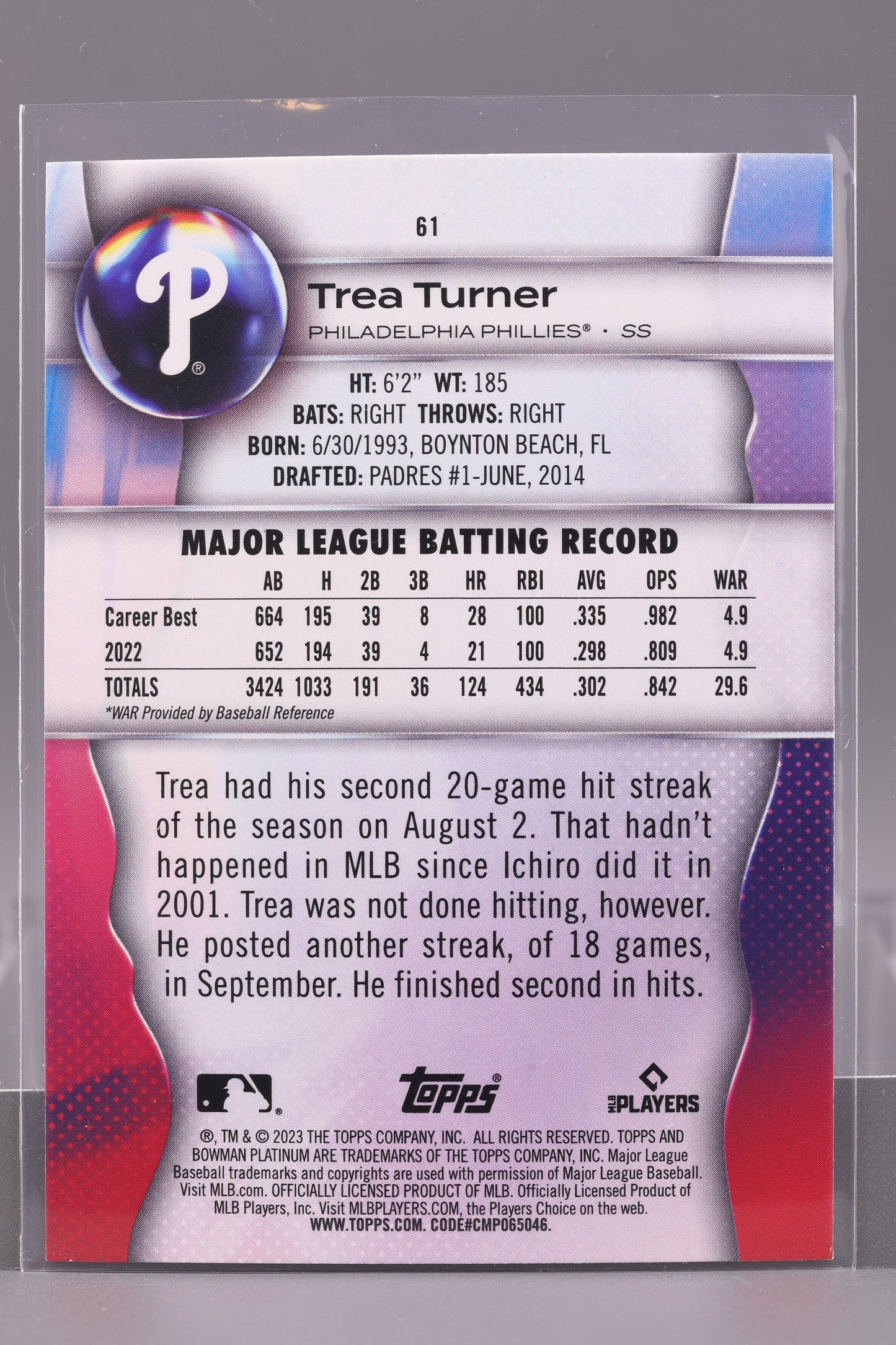 Trea Turner 2023 Bowman Platinum #61 Philadelphia Phillies