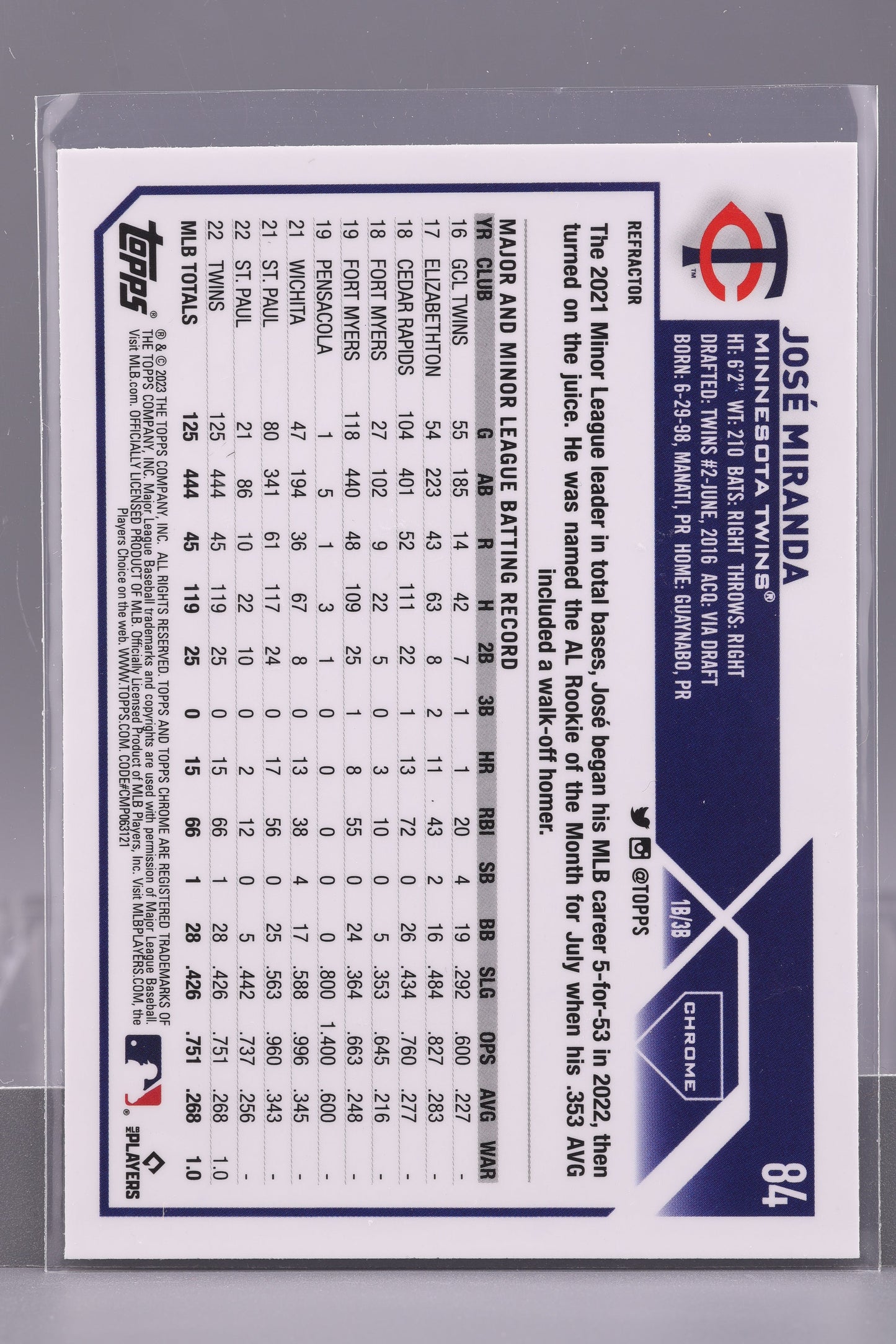 José Miranda 2023 Topps Chrome #84 Refractor Minnesota Twins