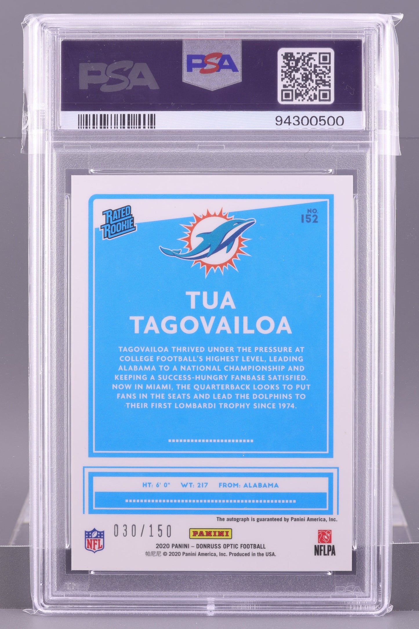 Tua Tagovailoa 2020 Donruss Optic Rated Rookies Autographs #152 030/150 PSA 7/Auto 10 Miami Dolphins