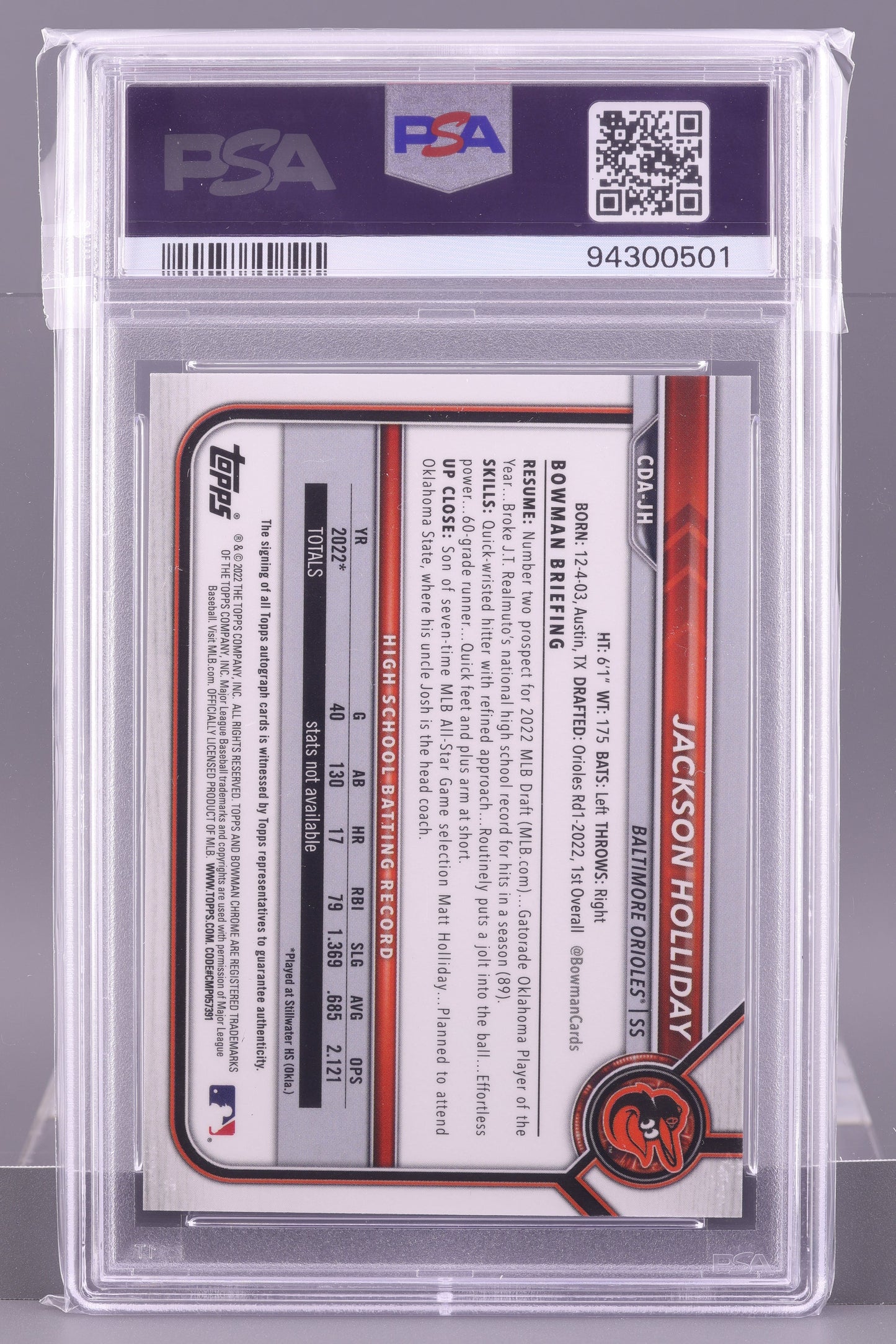 Jackson Holliday 2022 Bowman Draft Chrome Pick Autographs Green #CDA-JH 48/99 PSA 9/Auto 9 1st Bowman Baltimore Orioles