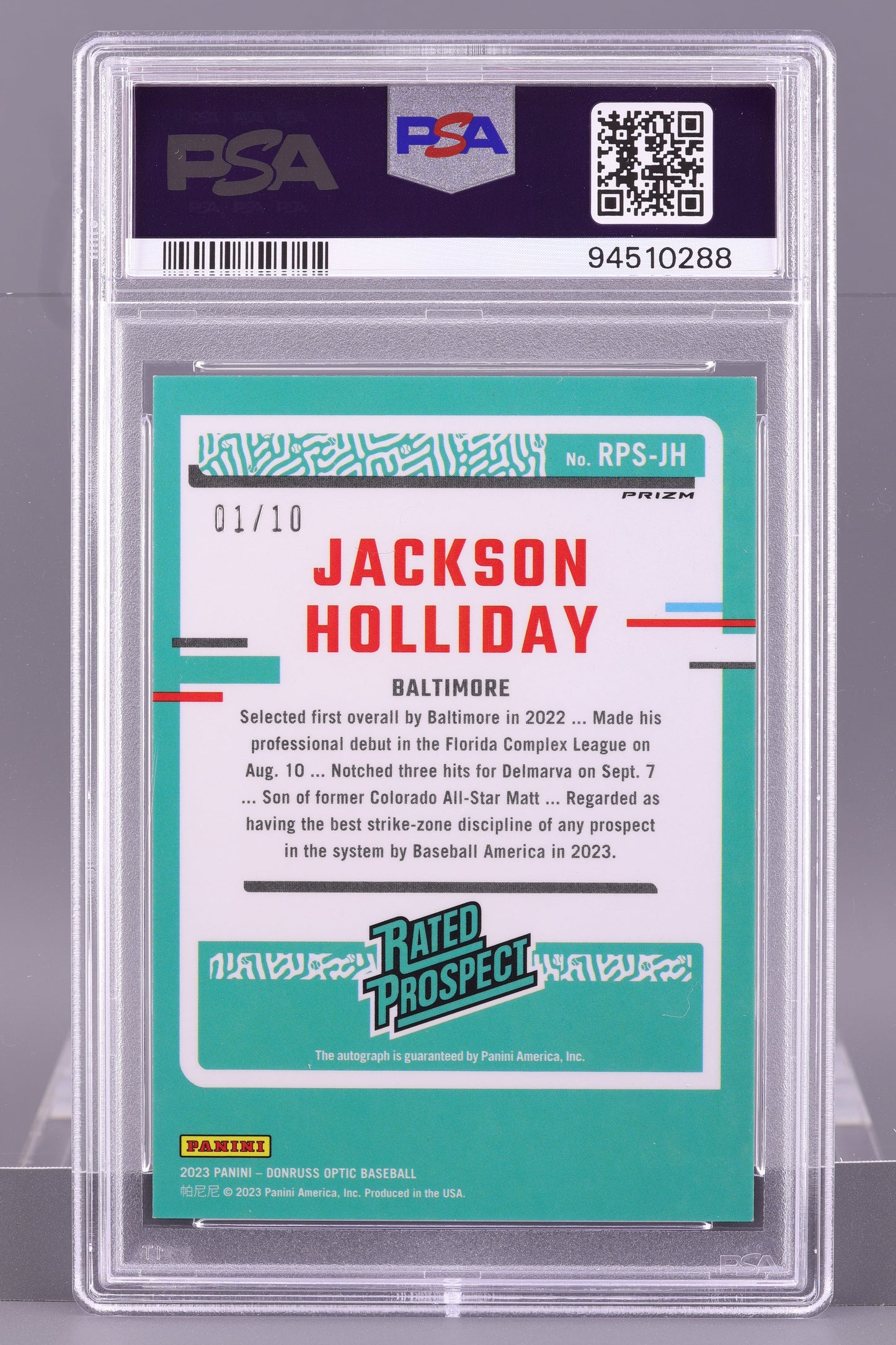 Jackson Holliday 2023 Donruss Optic Rated Prospect Rush #76 01/10 PSA 9/Auto 9 Baltimore Orioles