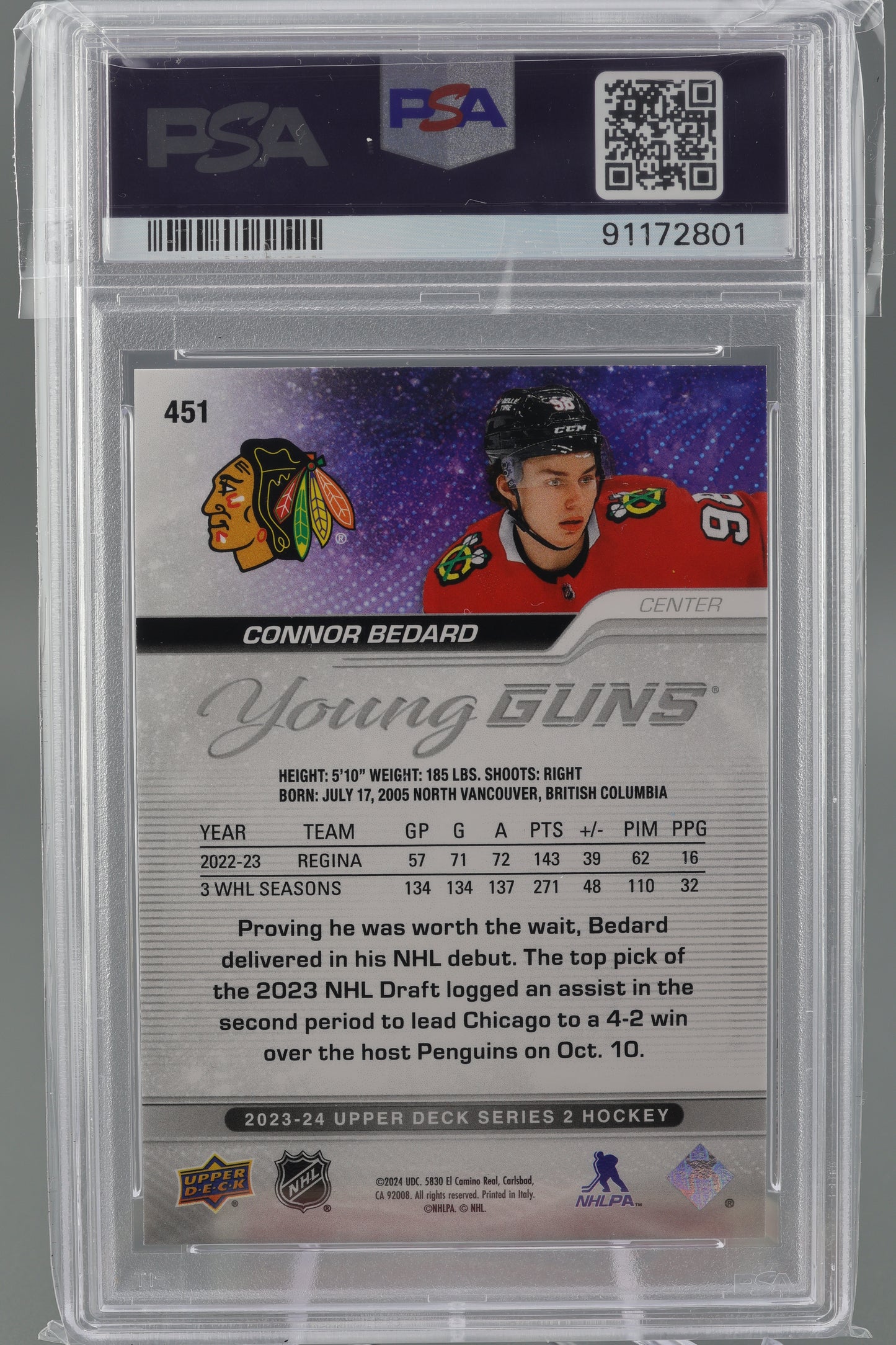 Connor Bedard 2024 Upper Deck Series 2 #451 YG Young Guns PSA 9 Rookie RC Blackhawks