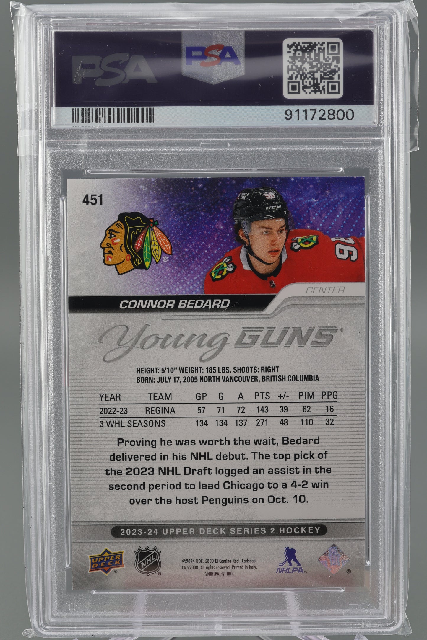 Connor Bedard 2024 Upper Deck Series 2 #451 YG Young Guns PSA 8 Rookie RC Blackhawks