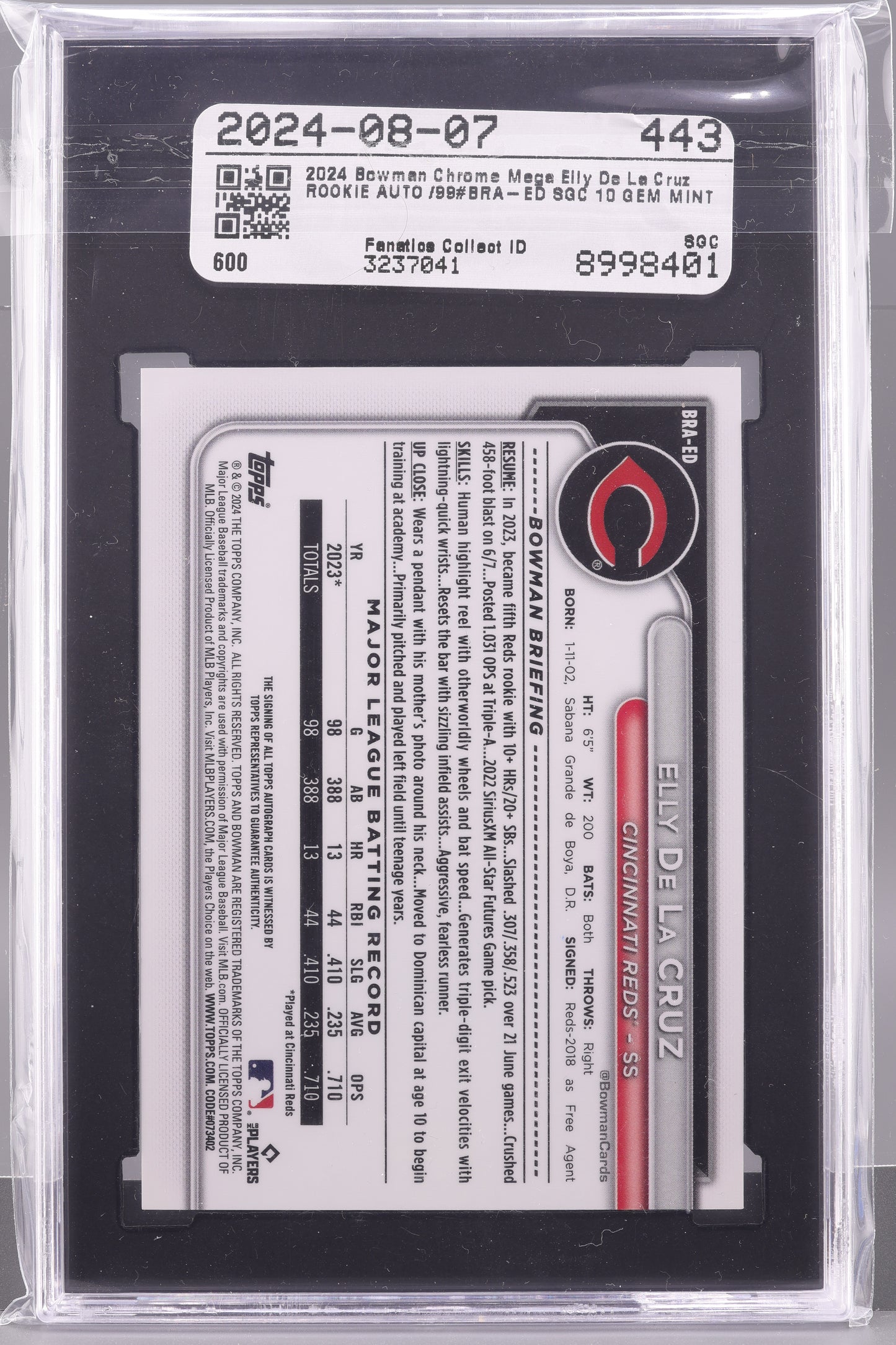 Elly De La Cruz 2024 Bowman Mega Box BRA-ED Chrome Autograph SGC 10/AUTO 10 RC Cinncinati Reds