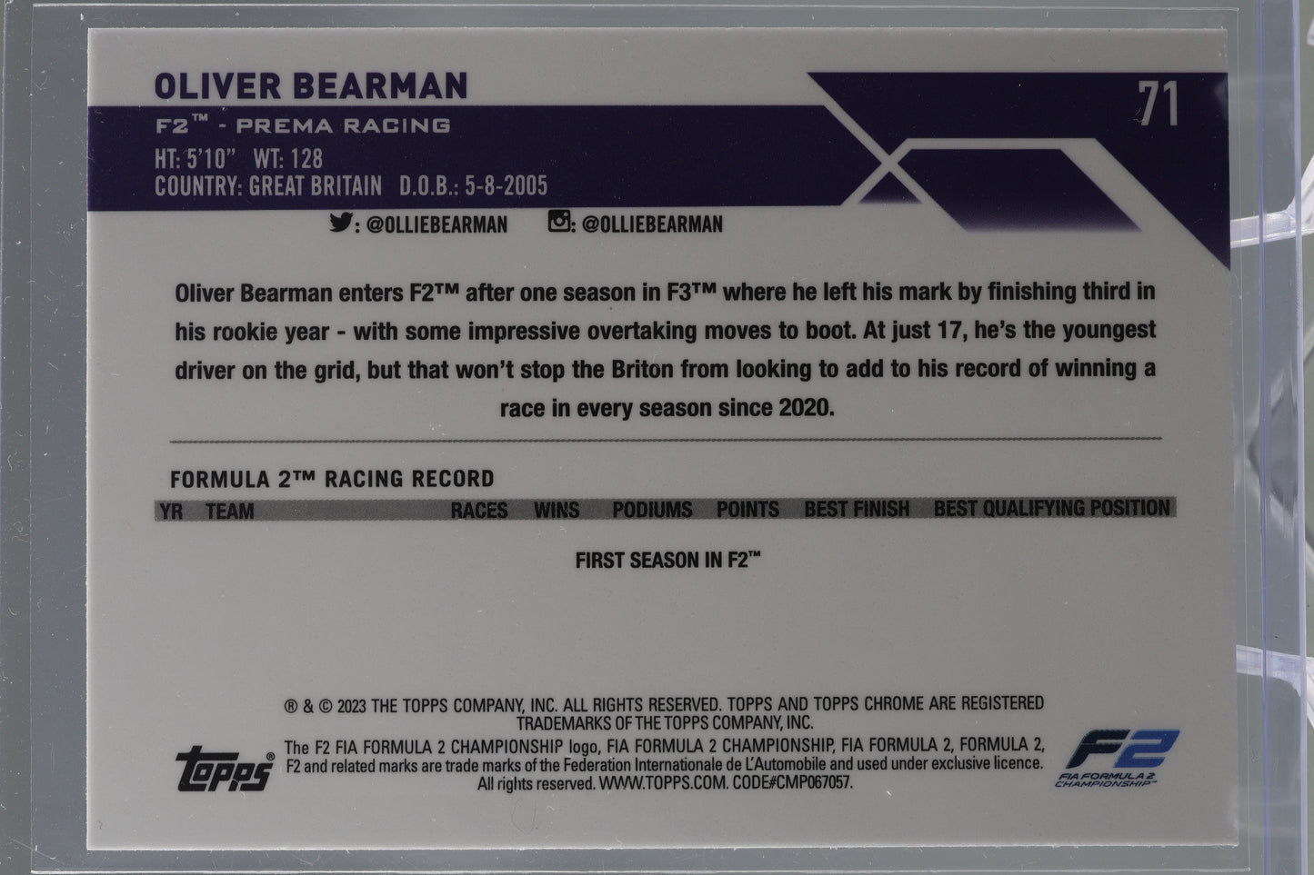 Oliver Bearman 2023 Topps Chrome Formula 1 #71 FUTURE STARS Prema Racing