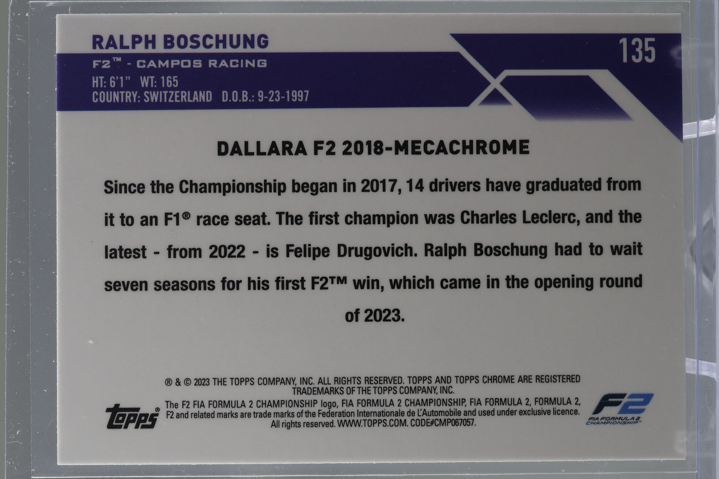 Ralph Boschung 2023 Topps Chrome Formula 1 #135 Racecar Campos Racing F2