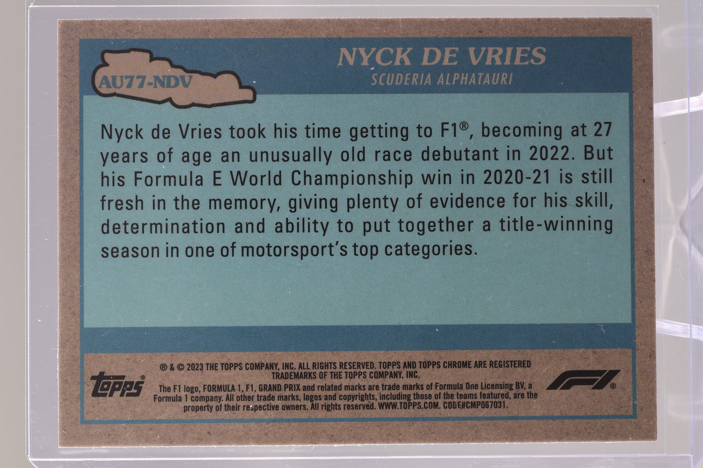 Nyck De Vries 2023 Topps Chrome Formula 1 #AU77-NDV RC Scuderia AlphaTauri