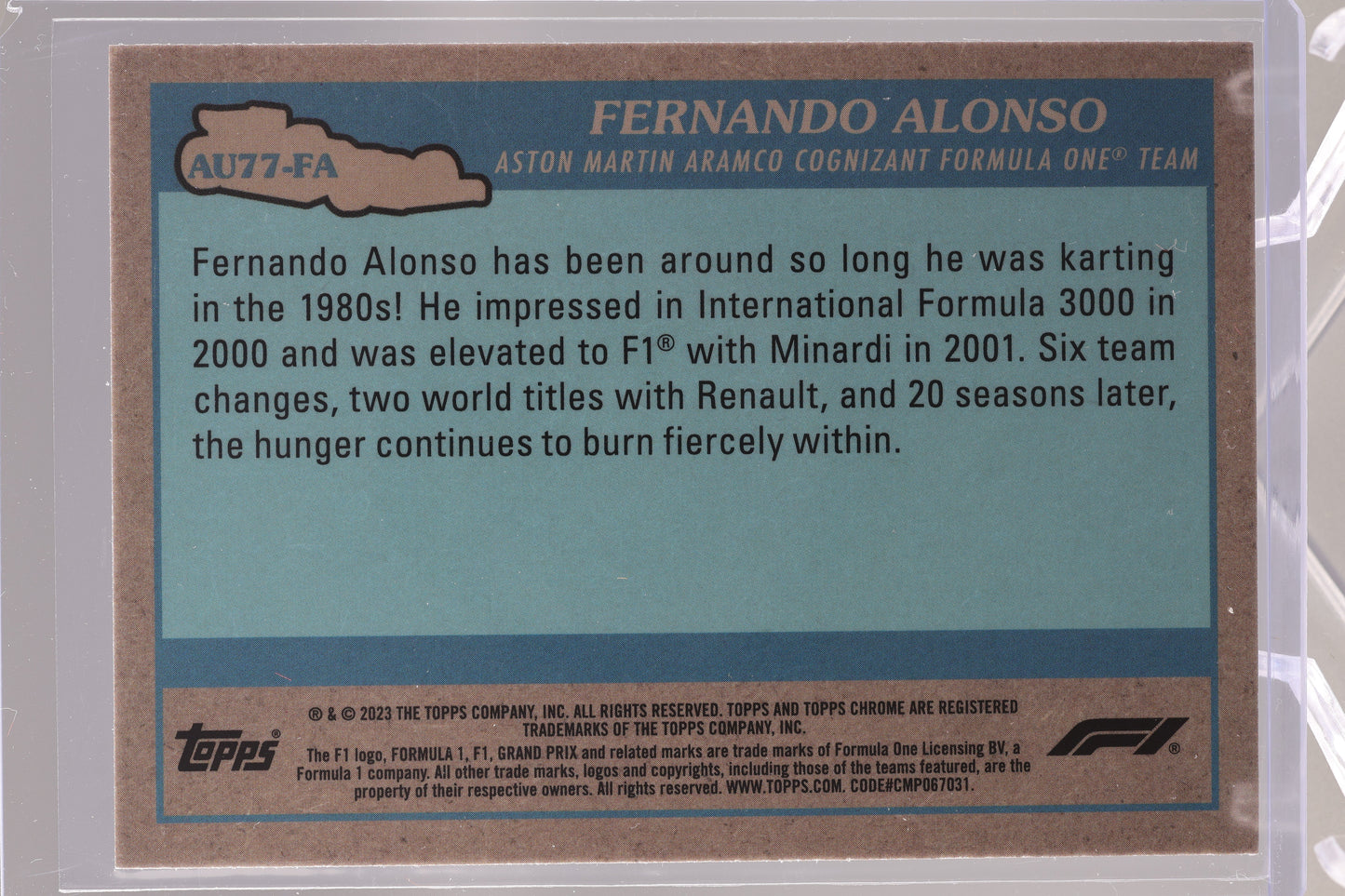 Fernando Alonso 2023 Topps Chrome Formula 1 #AU77-FA Racecar Aston Martin