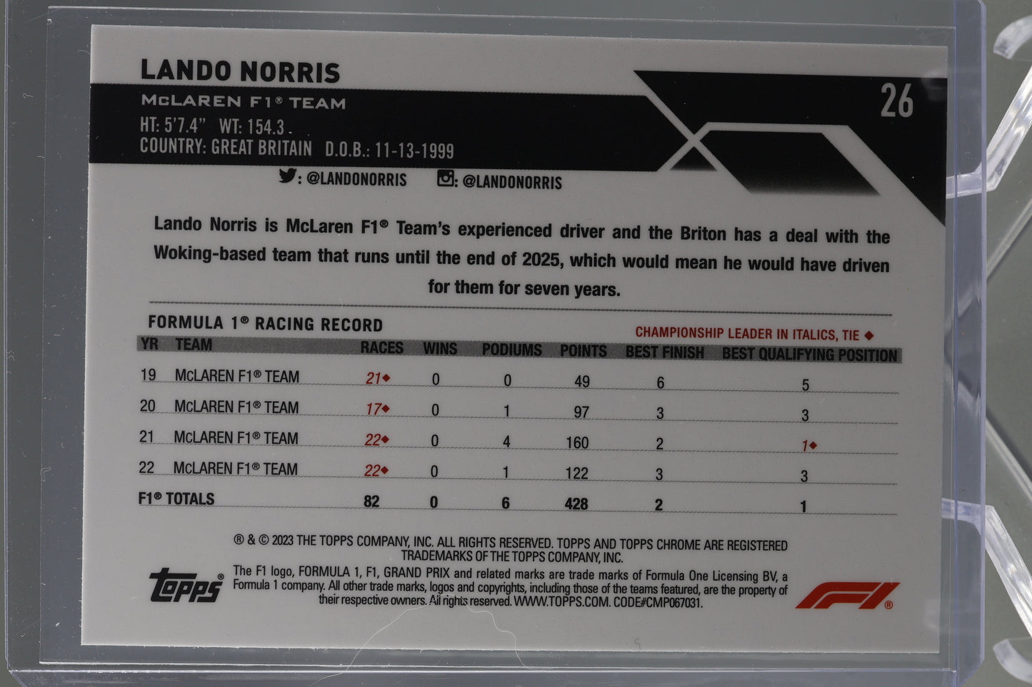 Lando Norris 2023 Topps Chrome Formula 1 #26 McLaren F1 Team