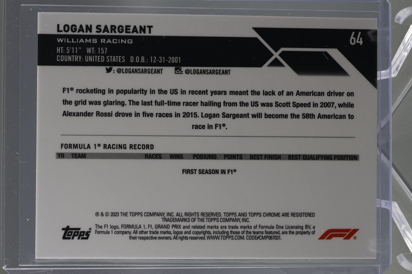 Logan Sargeant 2023 Topps Chrome Formula 1 #64 Rookie Card RC Williams Racing
