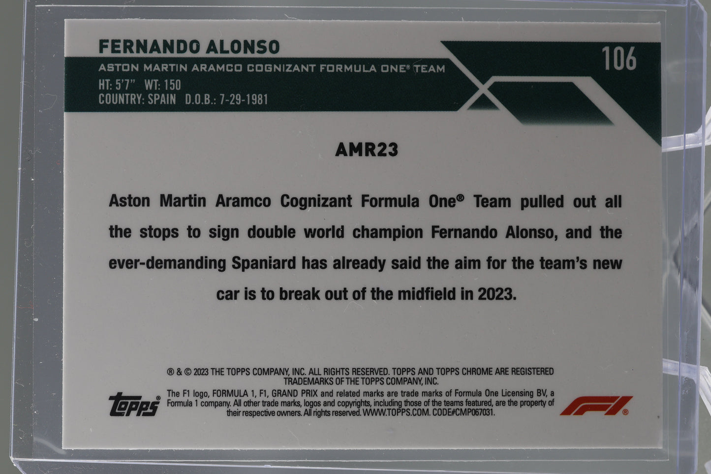 Fernando Alonso 2023 Topps Chrome Formula 1 #106 RACECAR Aston Martin