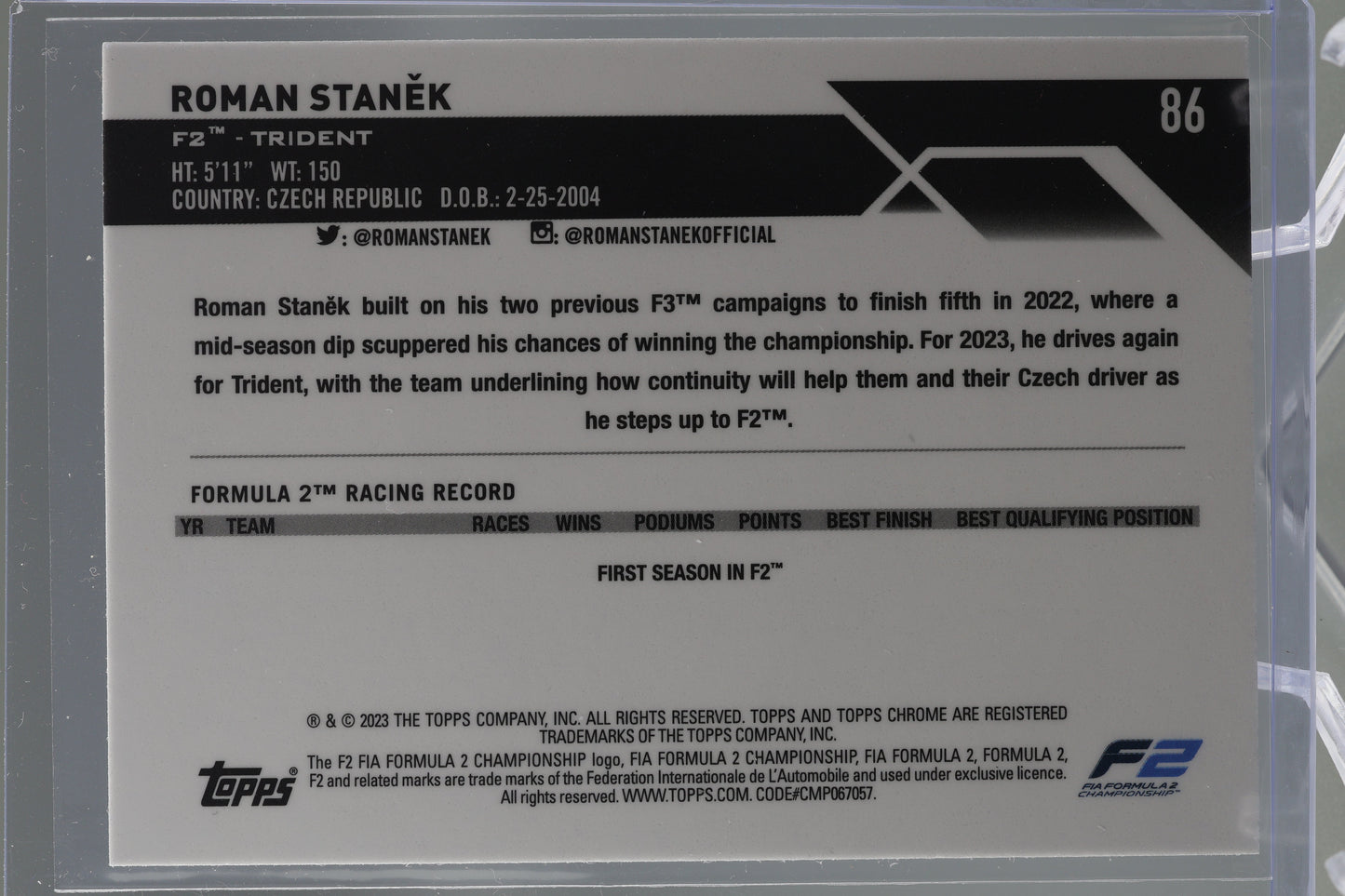 Roman Staněk 2023 Topps Chrome Formula 1 #86 FUTURE STARS Trident F2