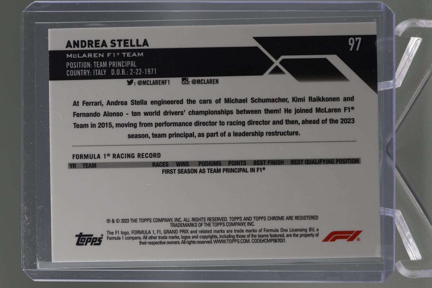 Andrea Stella 2023 Topps Chrome Formula 1 #97 Pink Lava 178/250 McLaren F1 Team