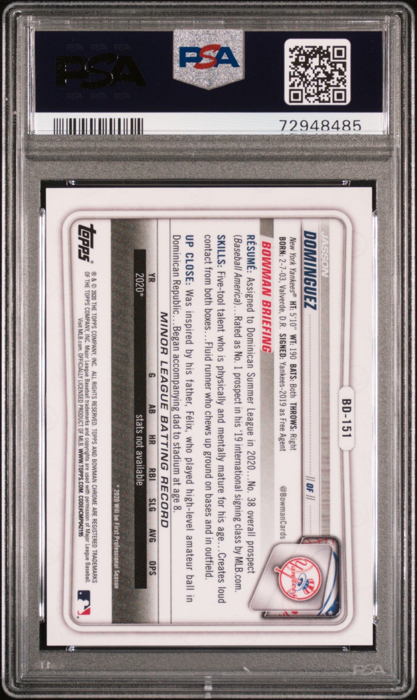 Jasson Dominguez 2020 Bowman Draft #BD151 Chrome Purple Refractor PSA 10