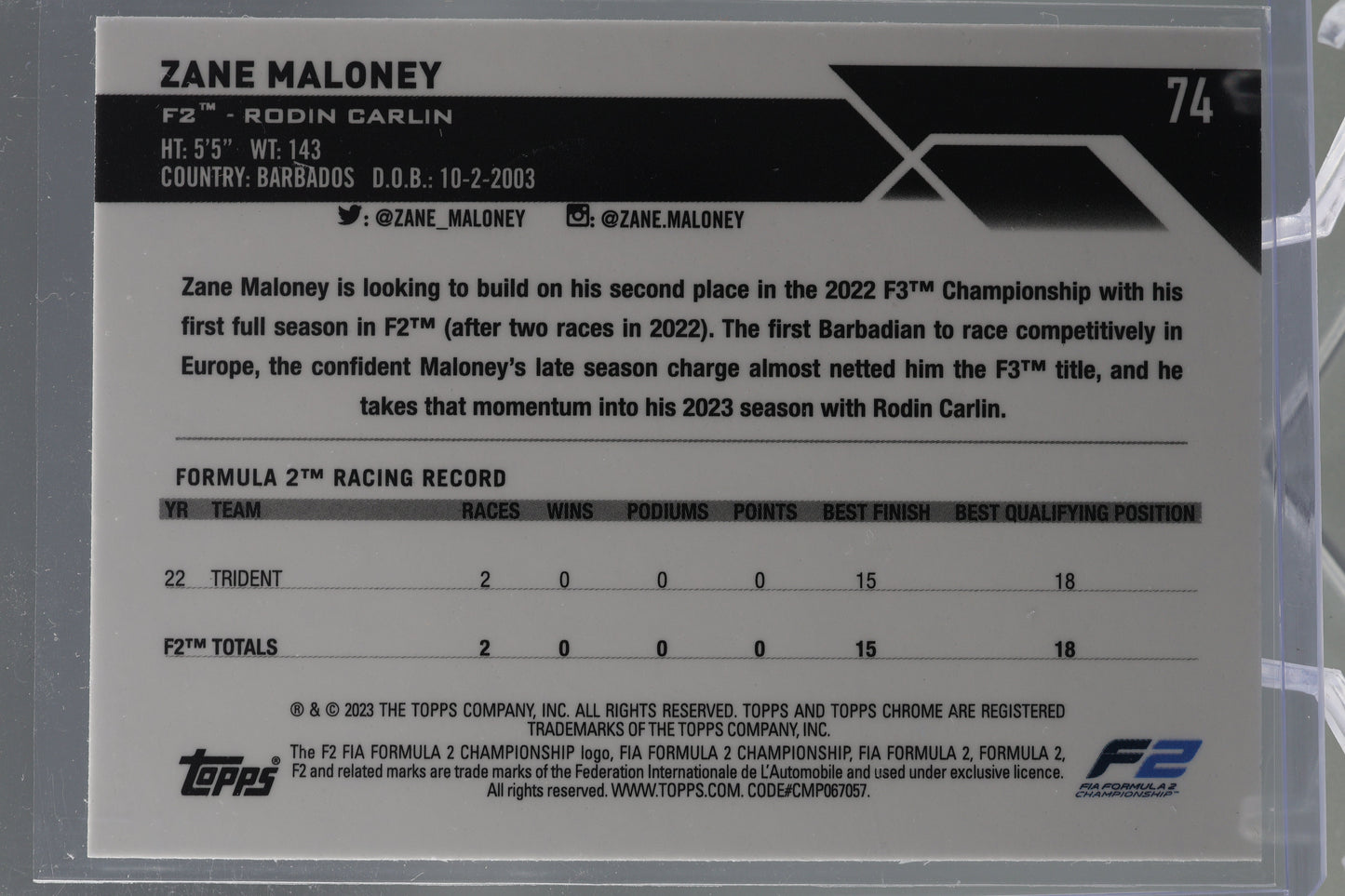 Zane Maloney 2023 Topps Chrome Formula 1 #74 FUTURE STARS Rodin Carlin F2