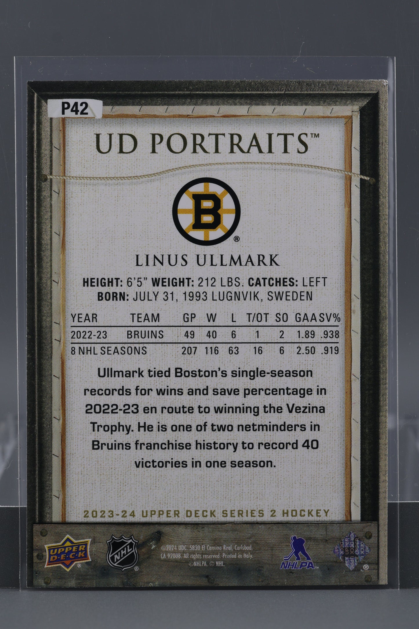 Linus Ullmark 2023 Upper Deck UD Portraits Series Two #P42        Boston Bruins