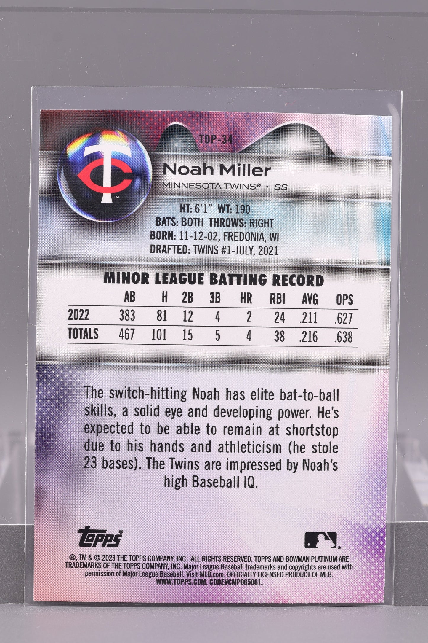 Noah Miller 2023 Bowman Platinum #TOP-34 Top Prospects        Minnesota Twins