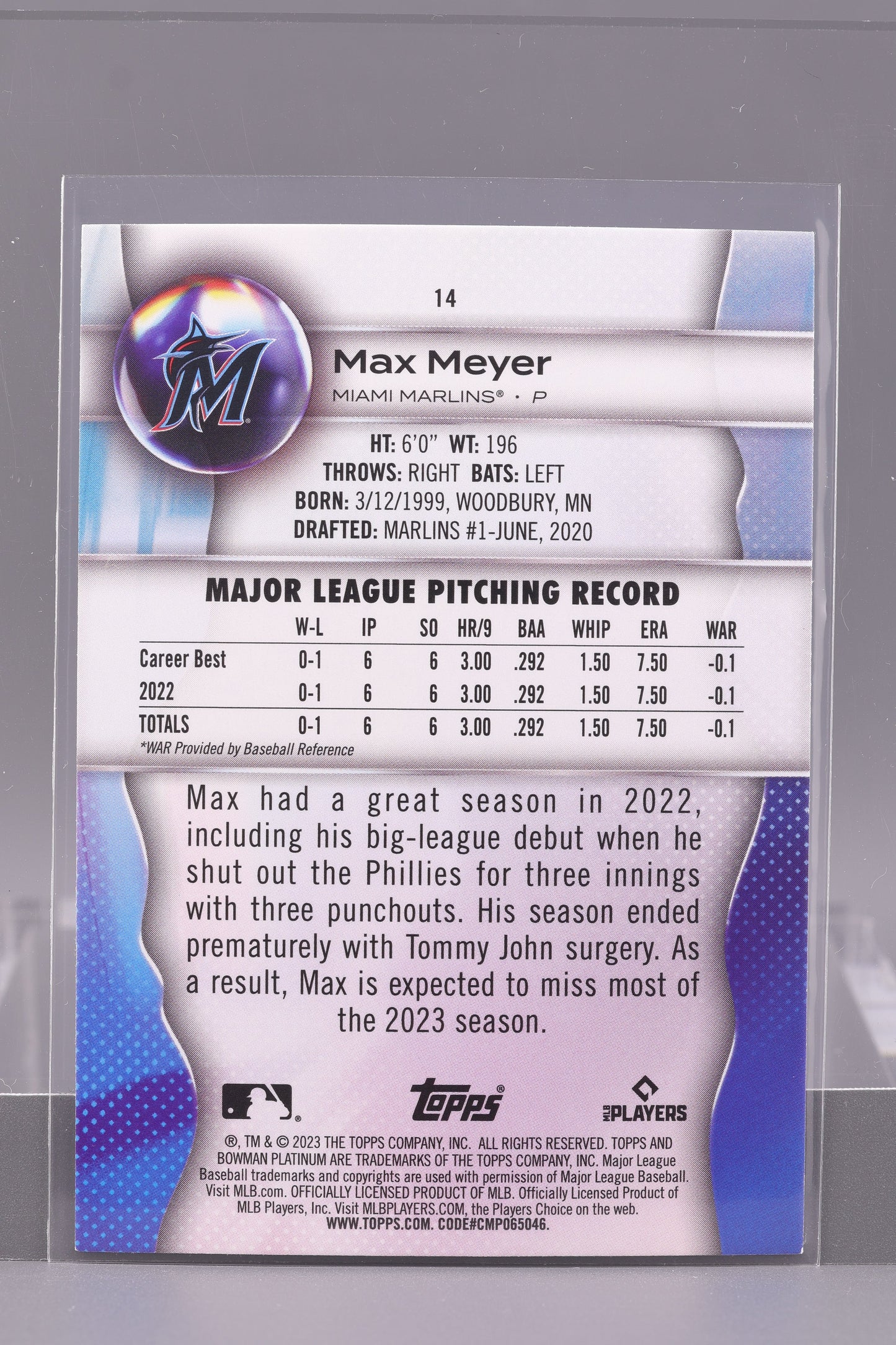 Max Meyer 2023 Bowman Platinum #14        Rookie Card RC Miami Marlins