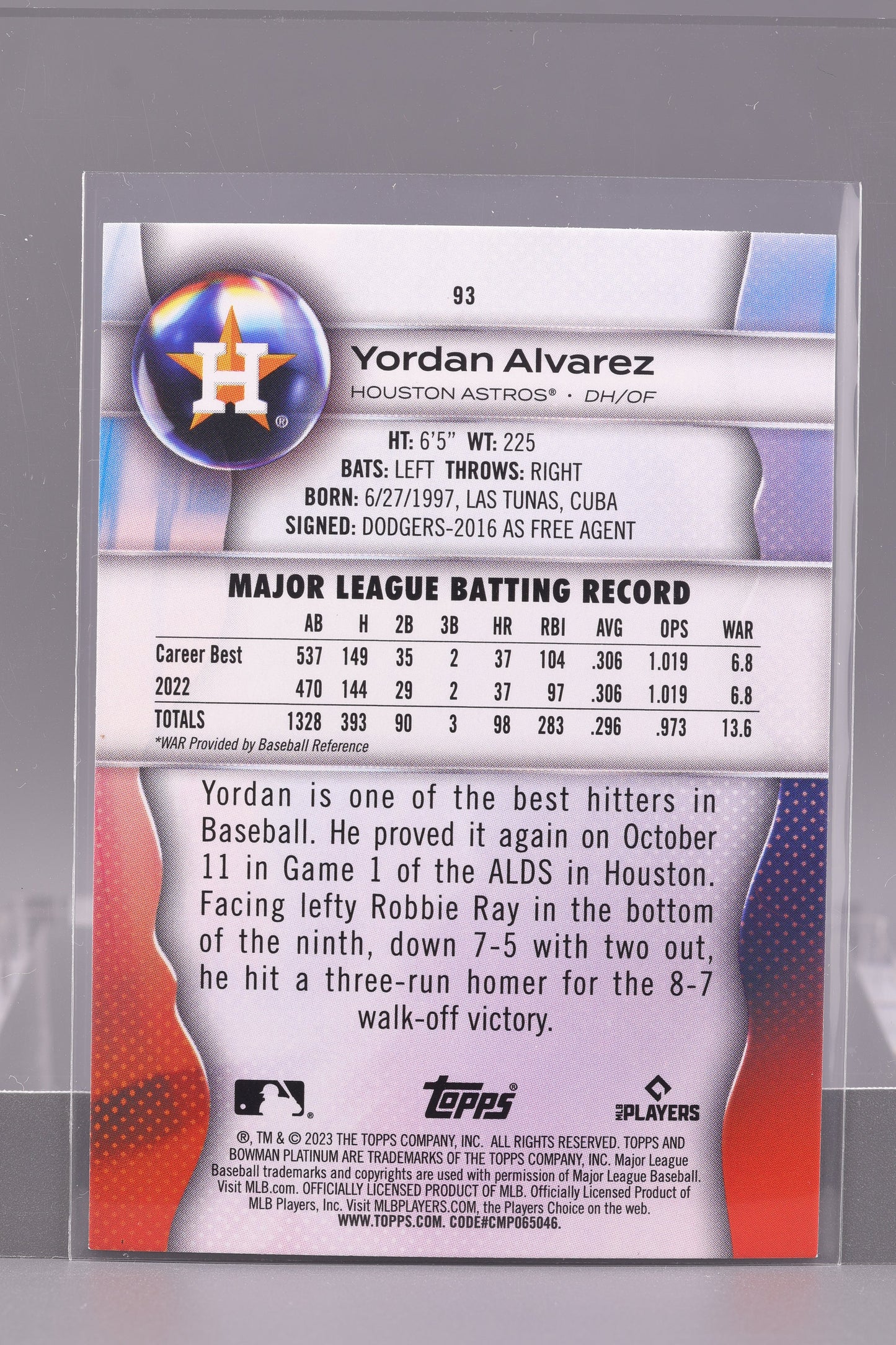 Yordan Alvarez 2023 Bowman Platinum #93         Houston Astros