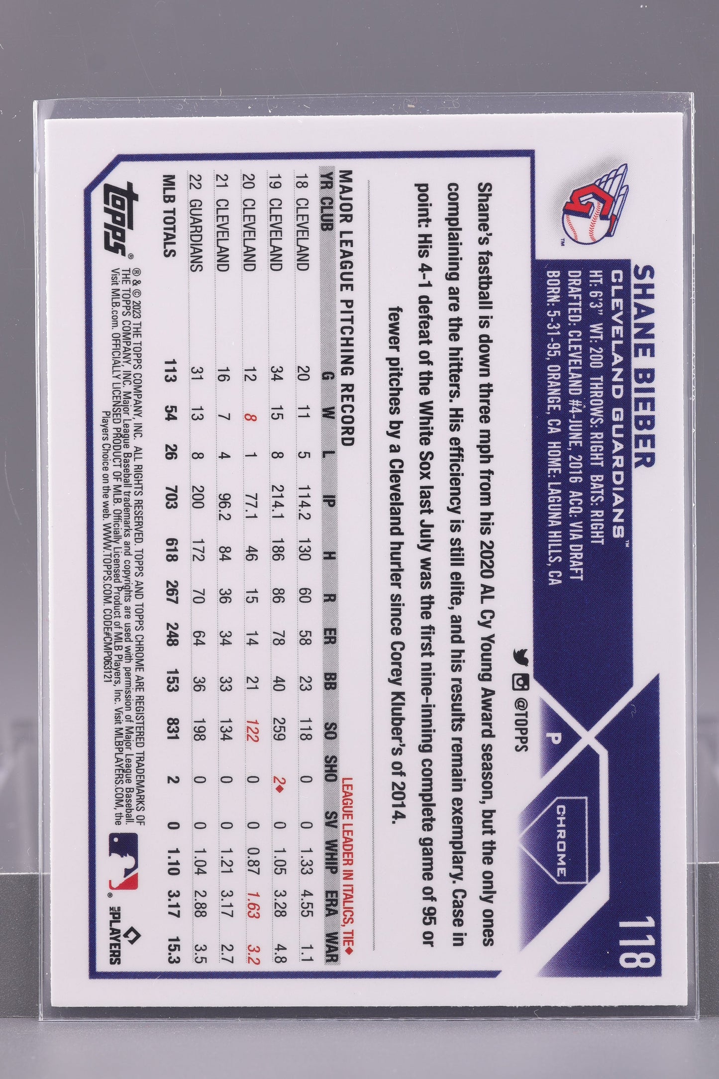 Shane Bieber 2023 Topps Chrome #118         Cleveland Guardians