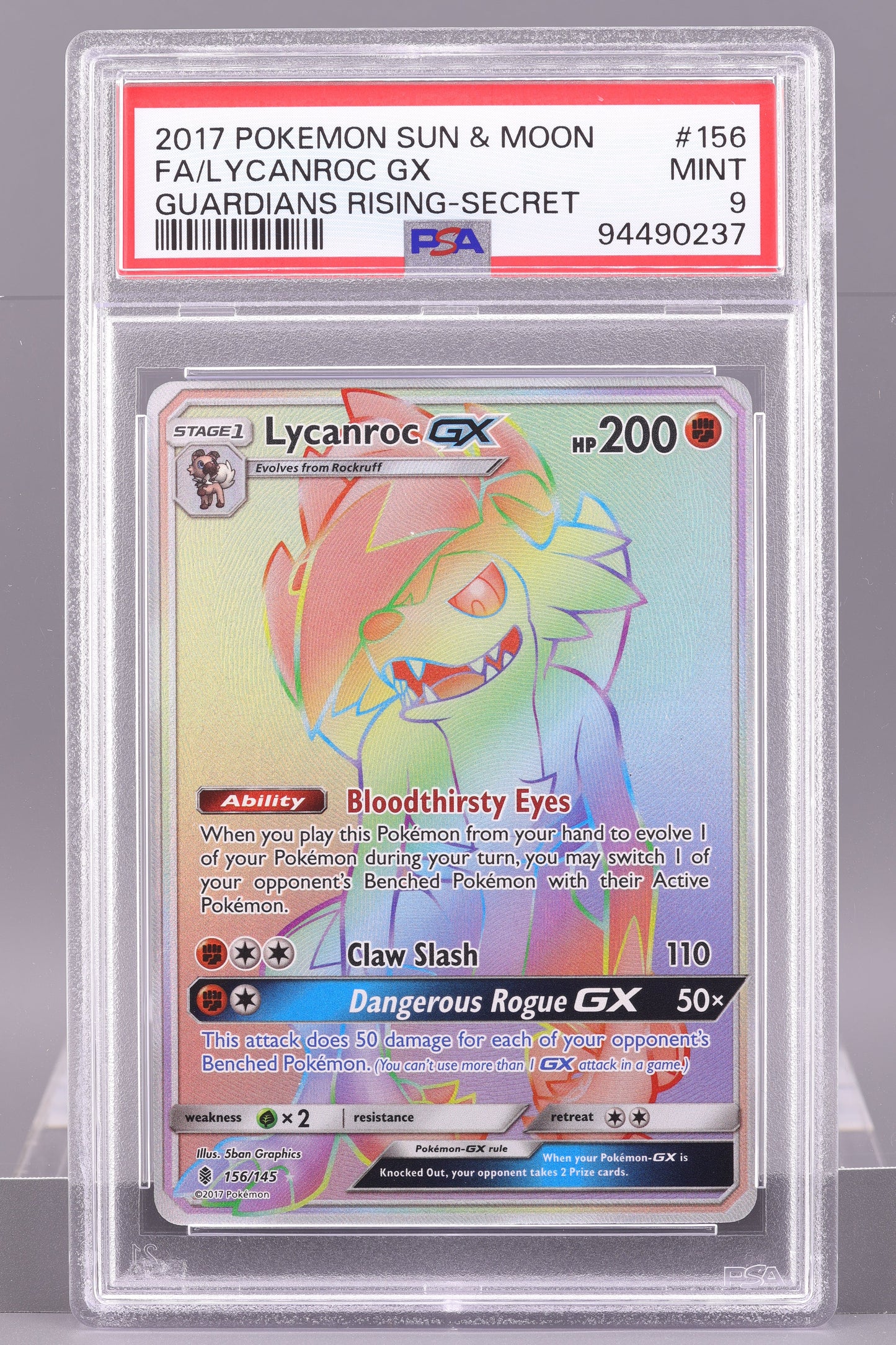 Lycanroc GX 2017 Guardians Rising Sun & Moon #156    PSA 9   Stage 1/Rare Rainbow