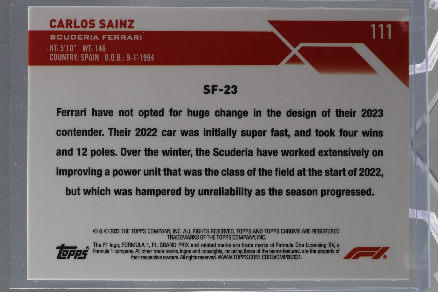 Carlos Sainz 2023 Topps Chrome Formula 1  #111 RACECAR       Scuderia Ferrari
