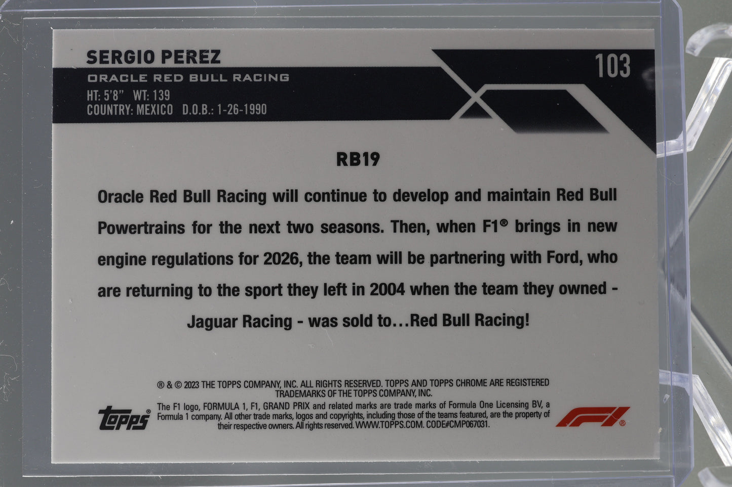 Sergio Perez 2023 Topps Chrome Formula 1  #103 RACECAR       Oracle Red Bull