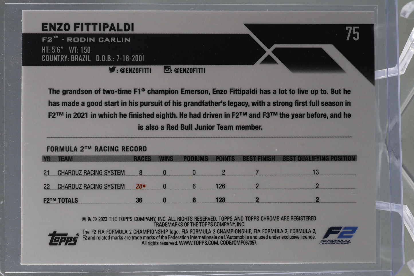 Enzo Fittipaldi 2023 Topps Chrome Formula 1  #75 FUTURE STARS       F2