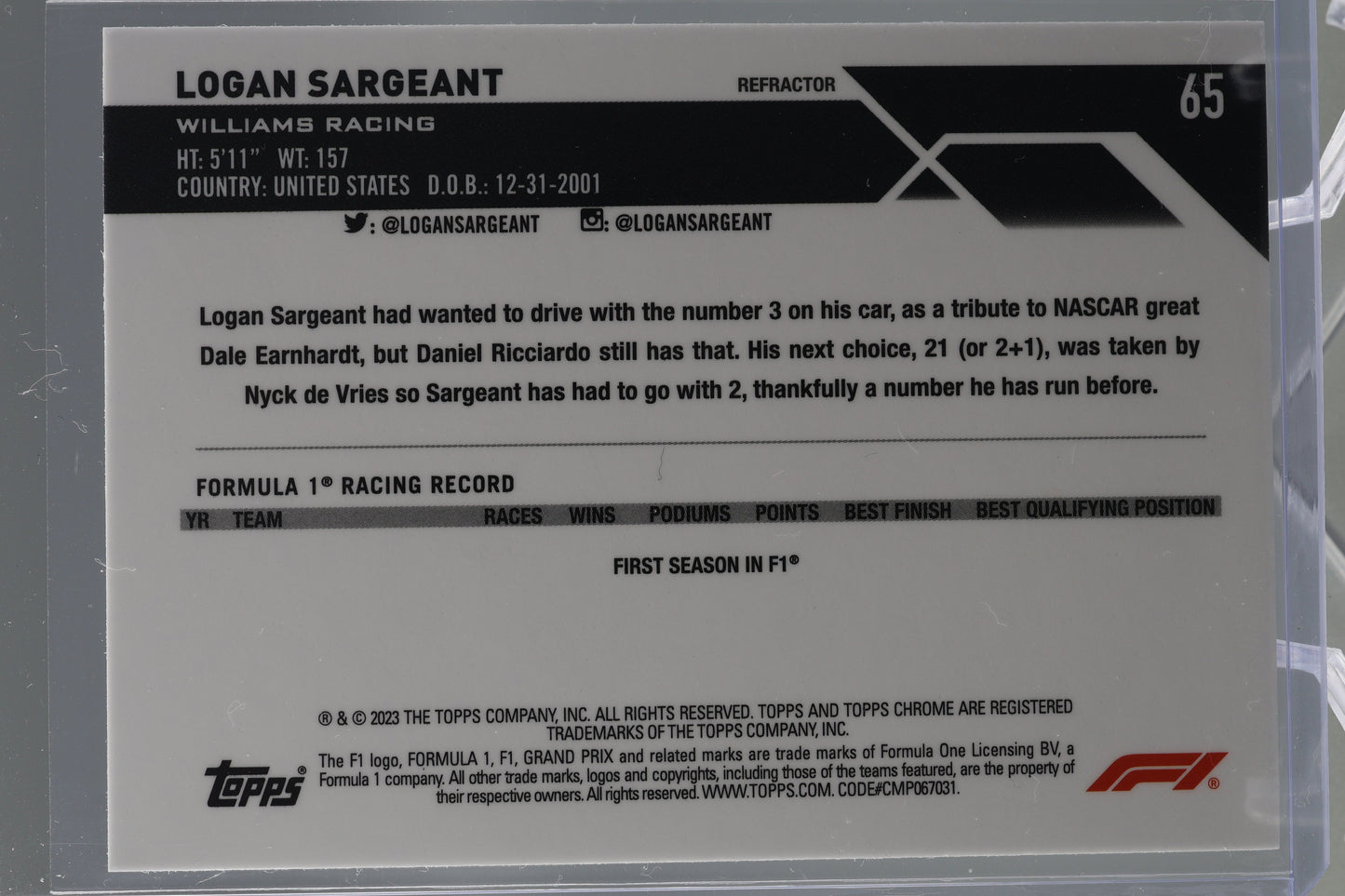 Logan Sargeant 2023 Topps Chrome Formula 1 #65 Chrome Refractor RC Williams