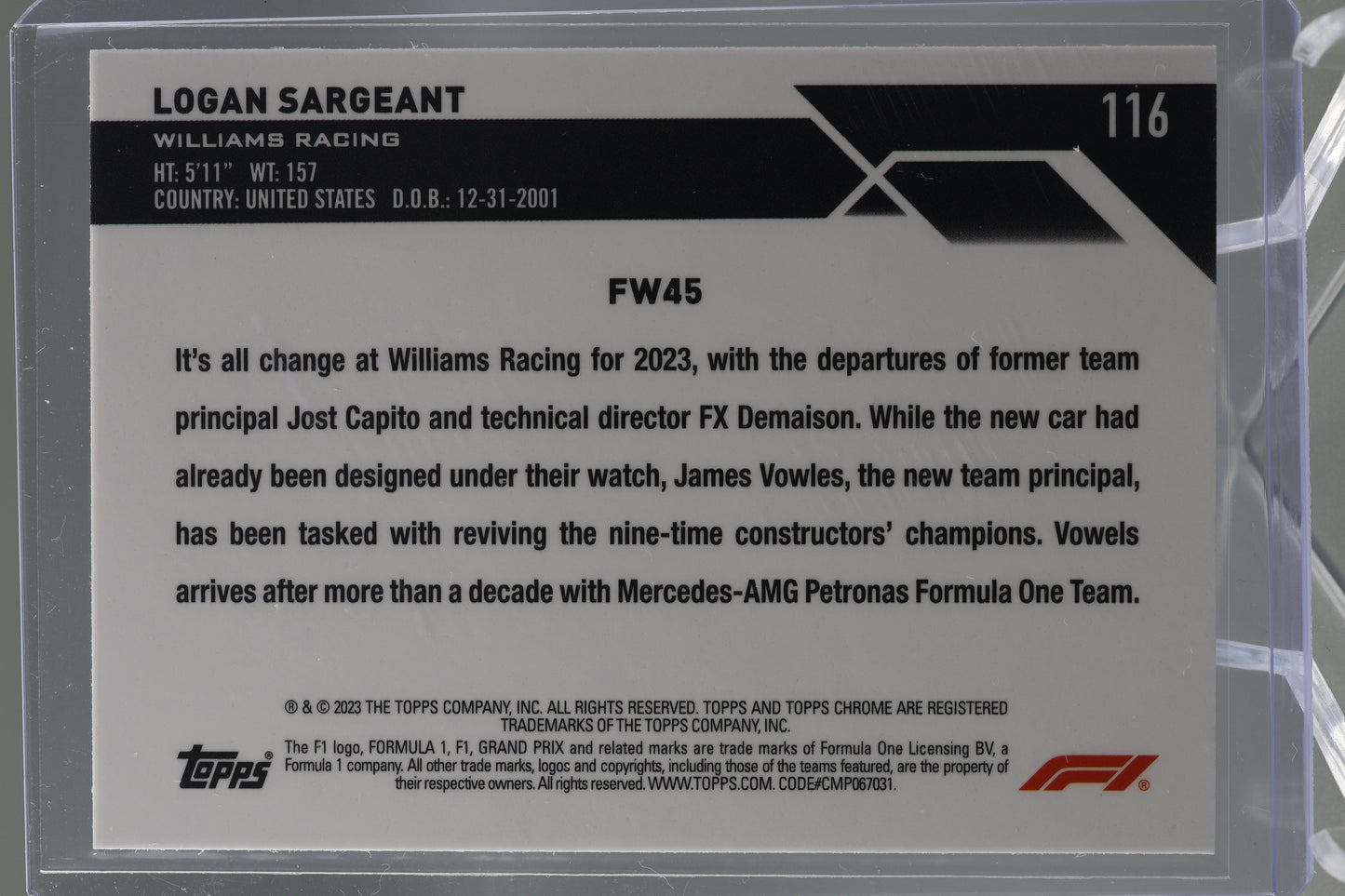 Logan Sargeant 2023 Topps Chrome Formula 1  #116 RACECAR    RC Williams Racing