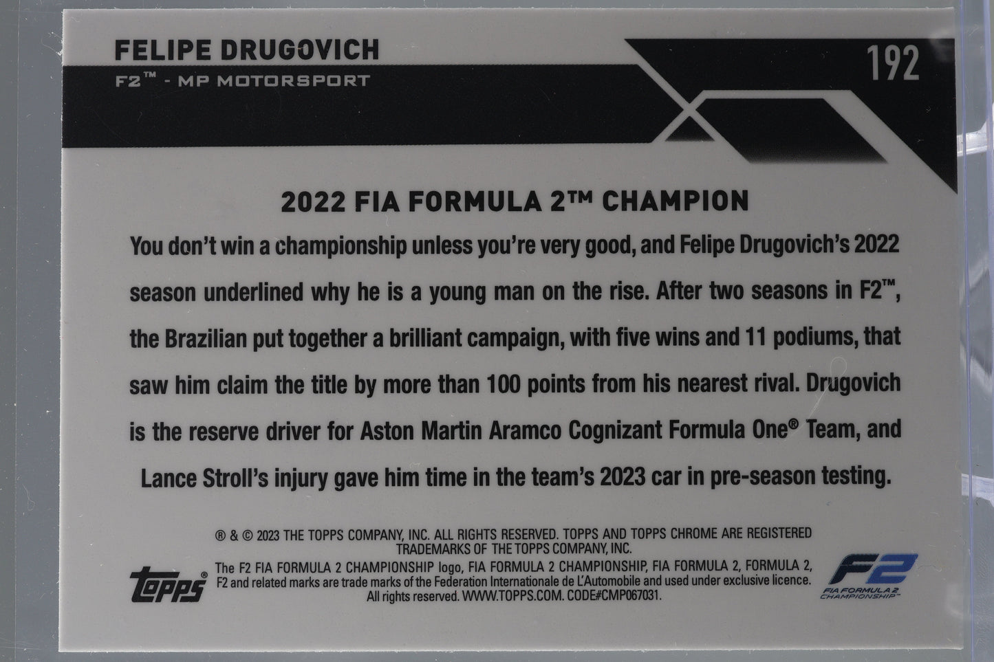 Felipe Drugovich 2023 Topps Chrome Formula 1  #192 AWARD WINNERS