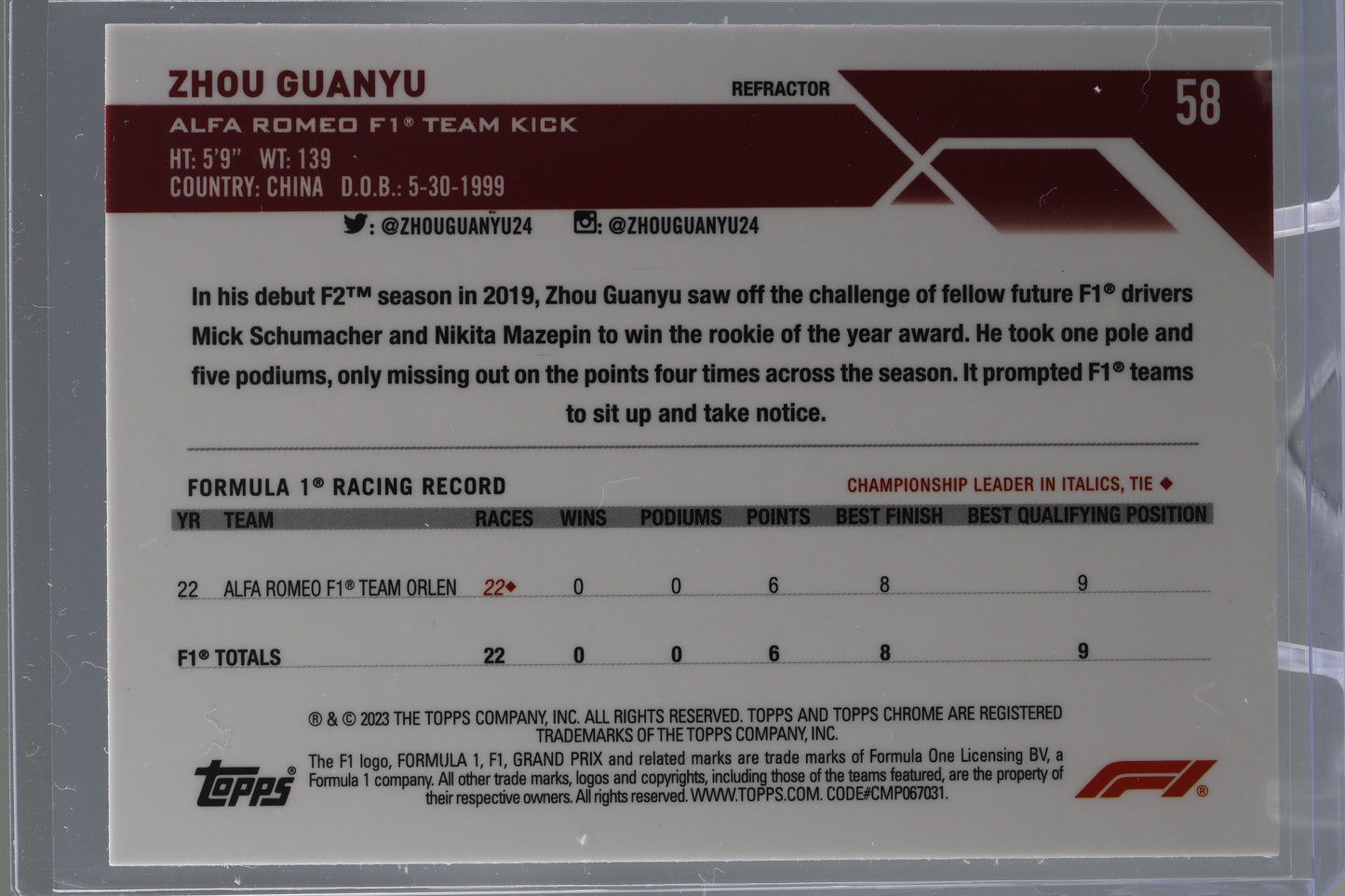 Zhou Guanyu 2023 Topps Chrome Formula 1 #58 CHROME REFRACTOR Alfa Romeo F1